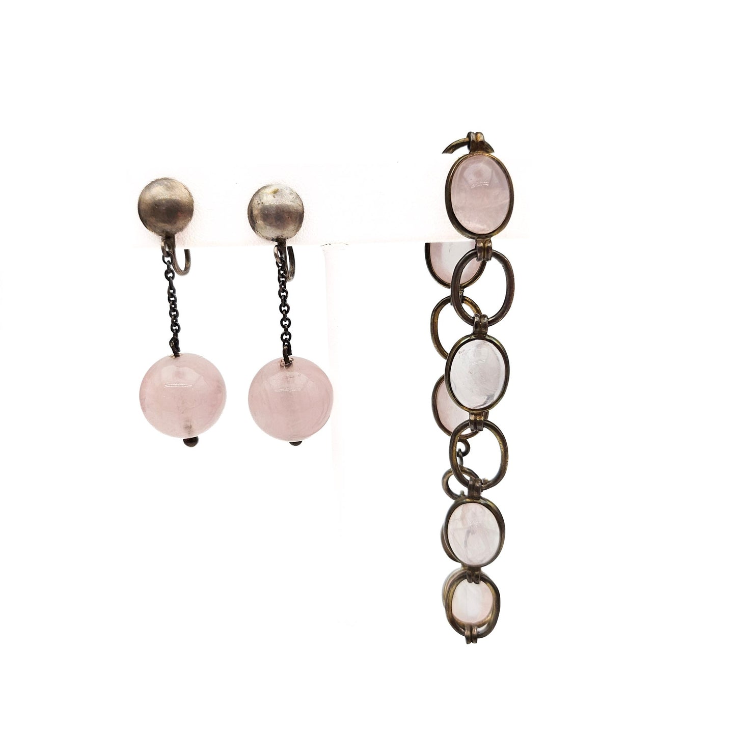 Vintage/Antique European Silver & Pink Quartz Bracelet and Earring Set | Stamped 835 / 850