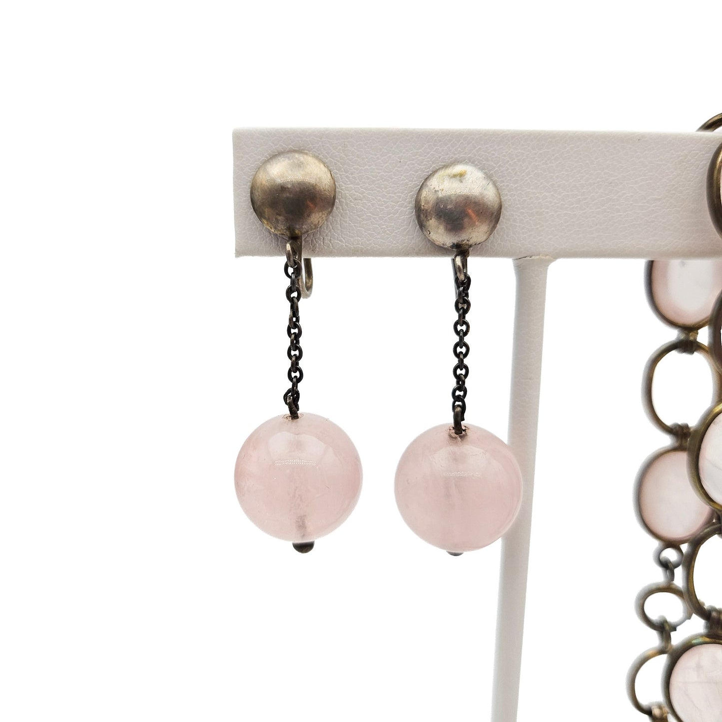 Vintage/Antique European Silver & Pink Quartz Bracelet and Earring Set | Stamped 835 / 850