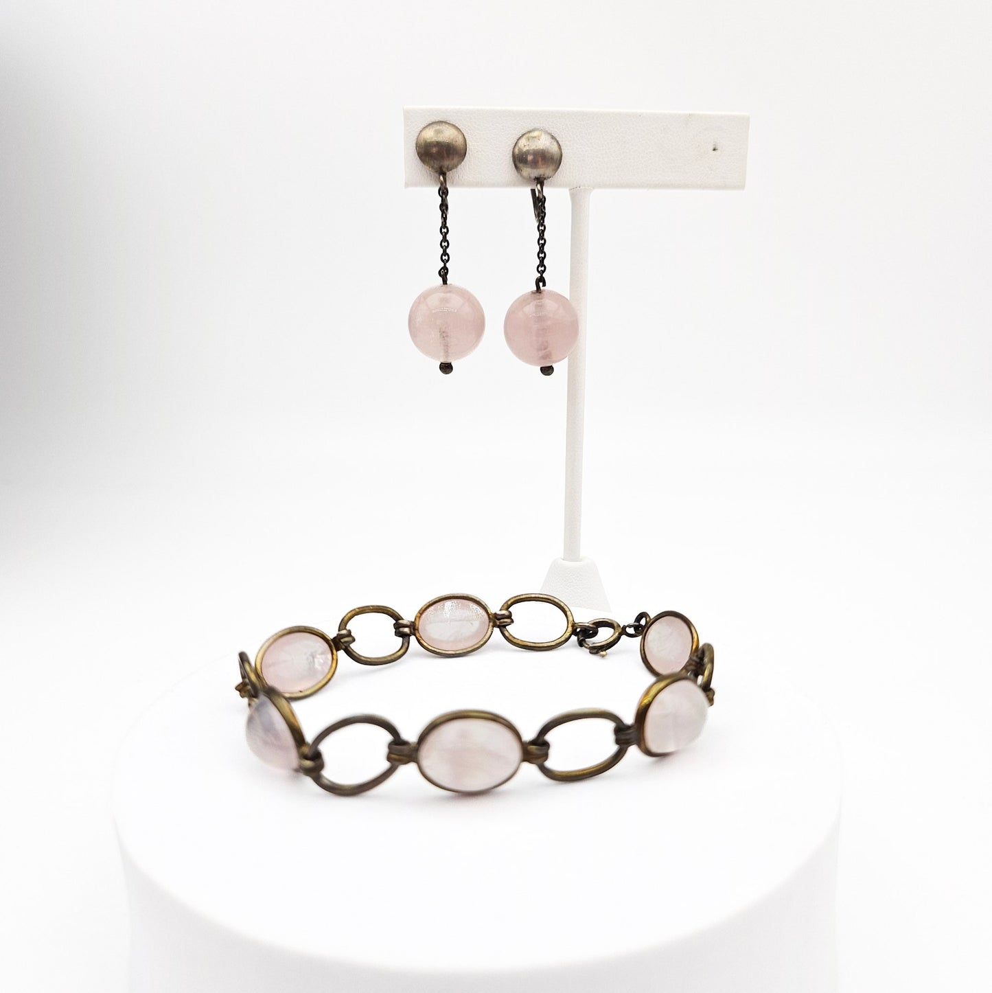 Vintage/Antique European Silver & Pink Quartz Bracelet and Earring Set | Stamped 835 / 850