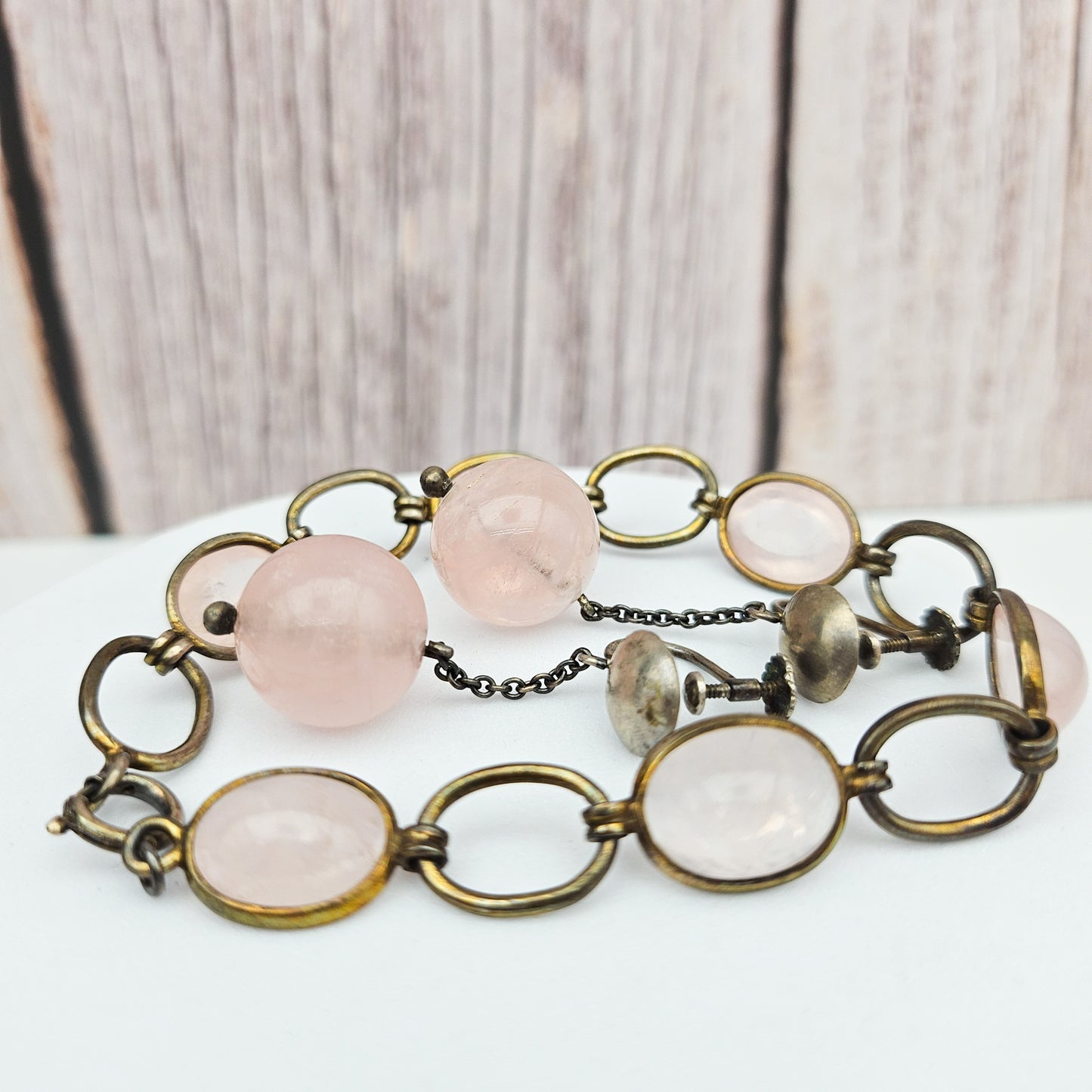 Vintage/Antique European Silver & Pink Quartz Bracelet and Earring Set | Stamped 835 / 850