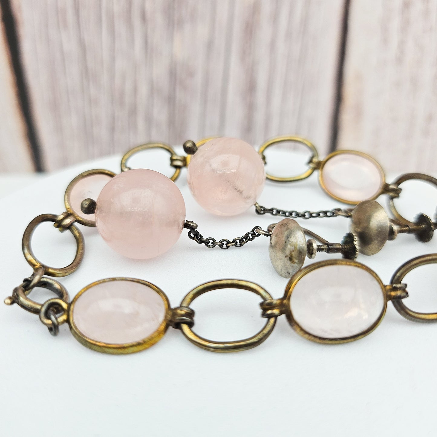 Vintage/Antique European Silver & Pink Quartz Bracelet and Earring Set | Stamped 835 / 850
