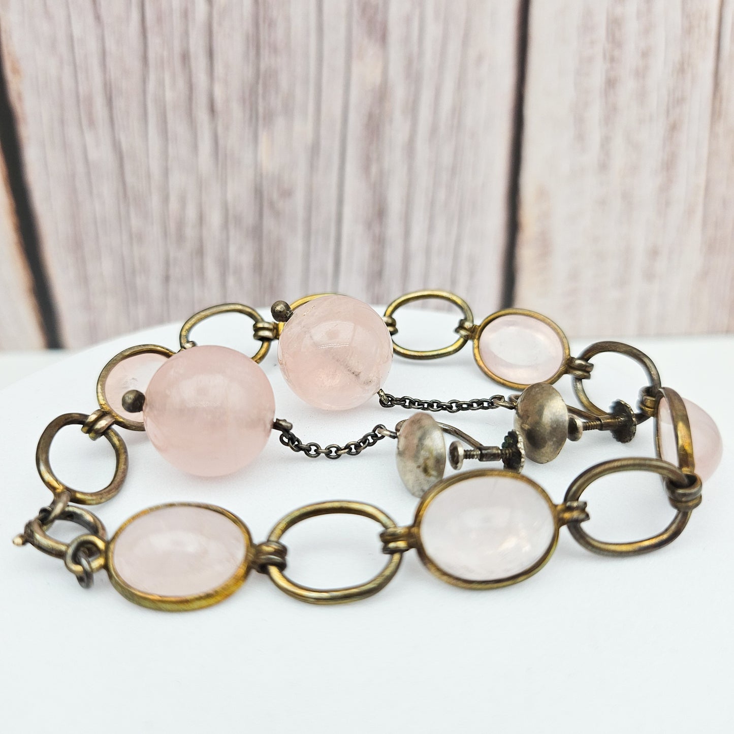 Vintage/Antique European Silver & Pink Quartz Bracelet and Earring Set | Stamped 835 / 850