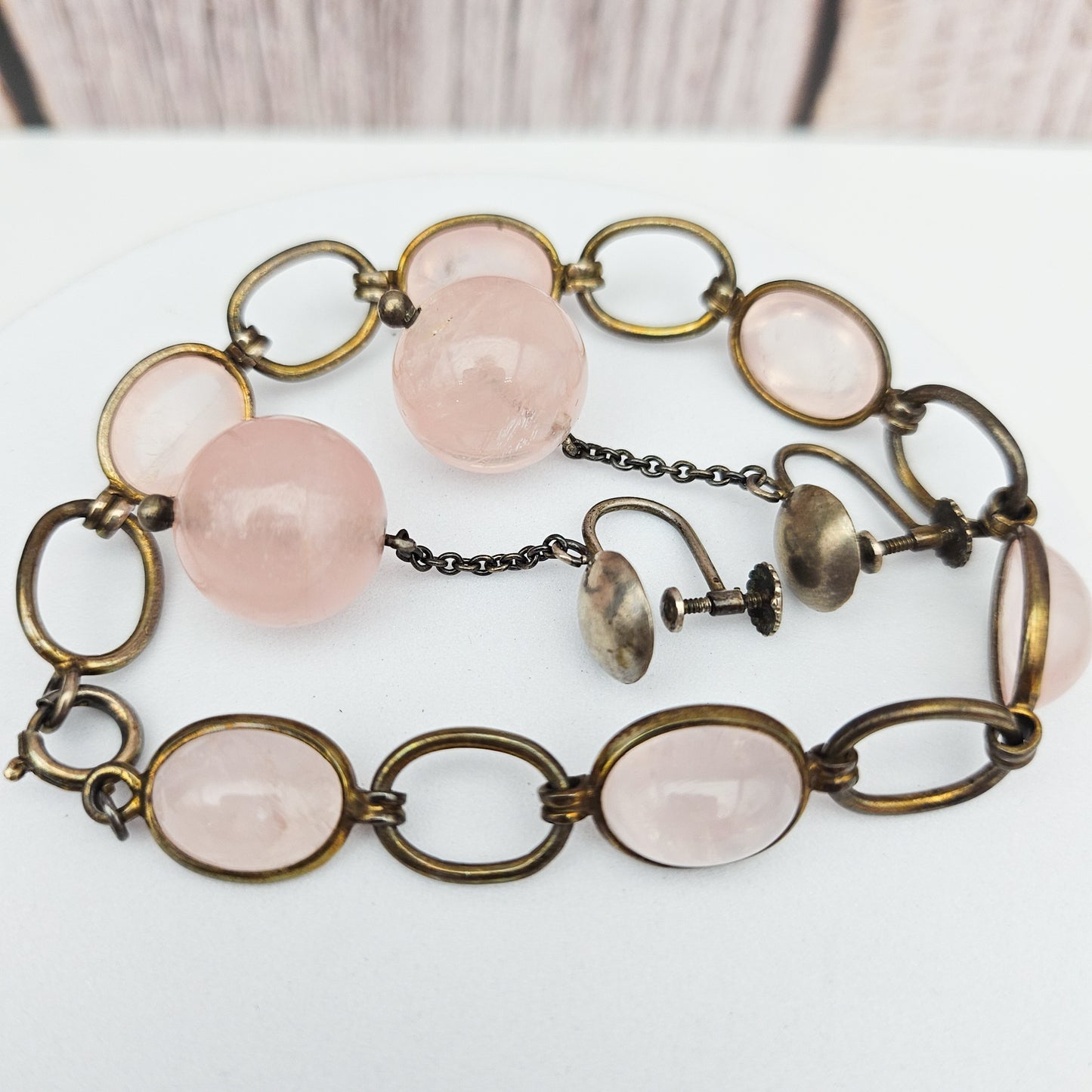 Vintage/Antique European Silver & Pink Quartz Bracelet and Earring Set | Stamped 835 / 850
