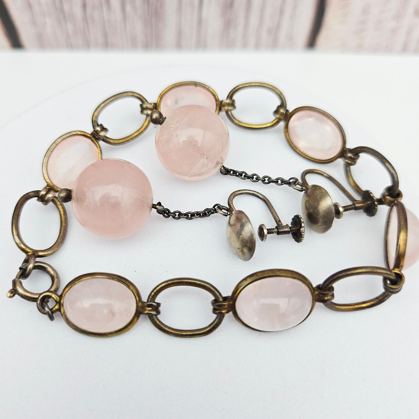 Vintage/Antique European Silver & Pink Quartz Bracelet and Earring Set | Stamped 835 / 850