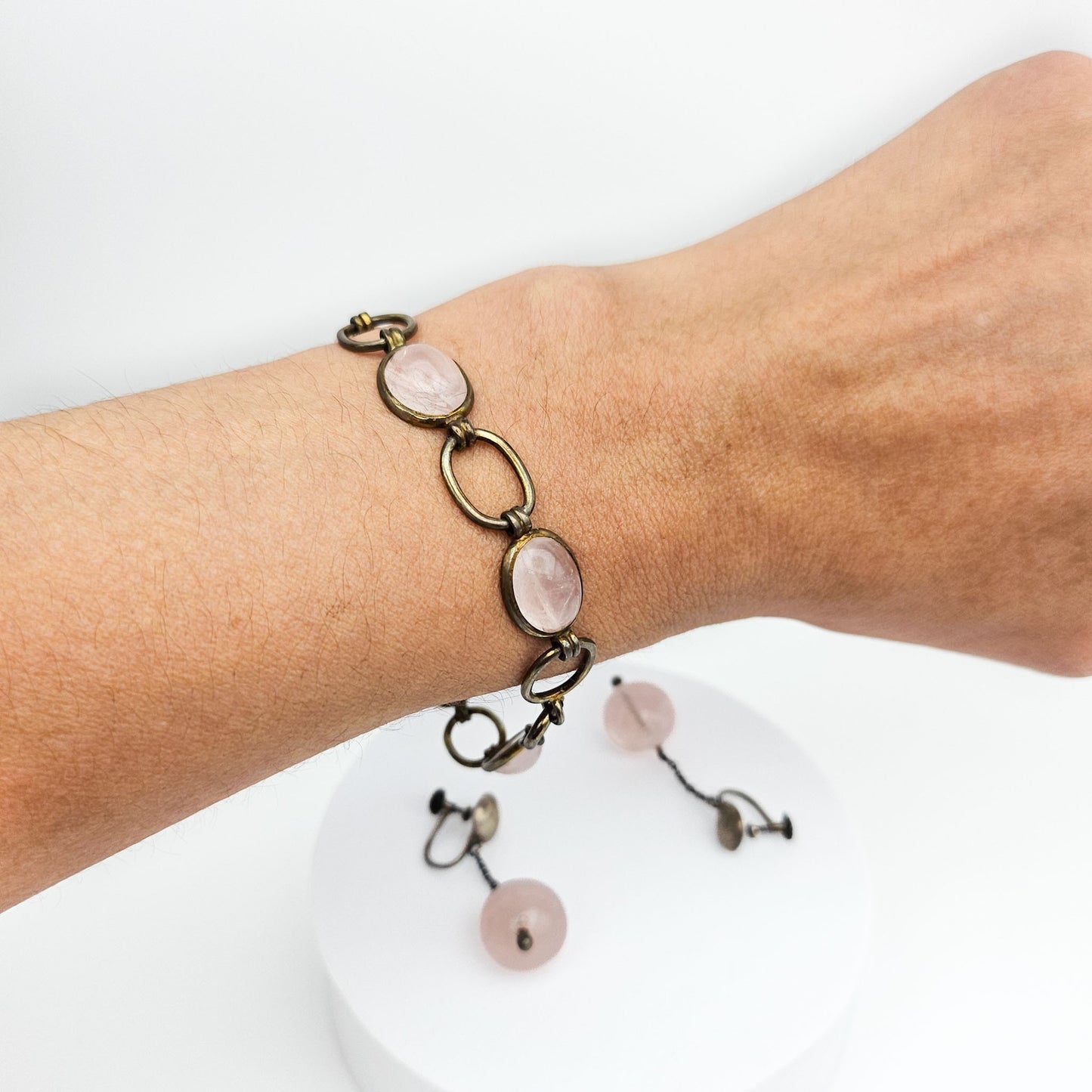 Vintage/Antique European Silver & Pink Quartz Bracelet and Earring Set | Stamped 835 / 850