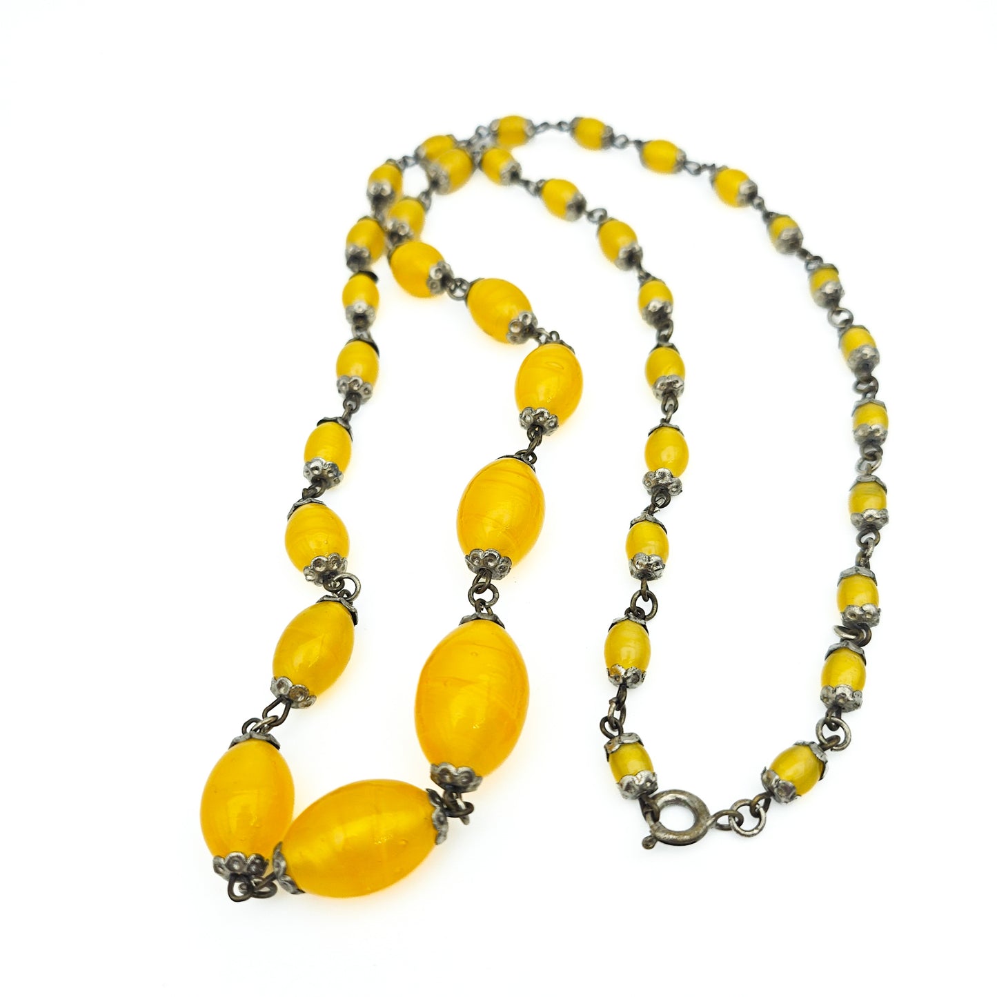 Art Deco Yellow Uranium Glass Bead Necklace | UV Reactive Vintage Jewelry