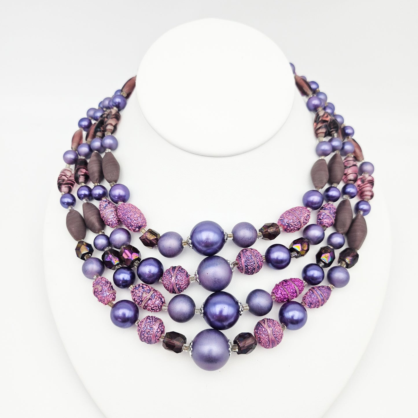 Vintage Japan Purple Multistrand Necklace & Clip Earrings Set