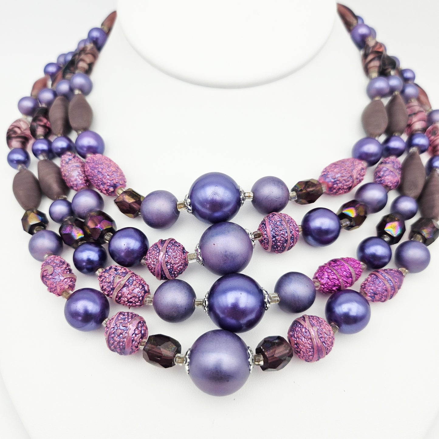 Vintage Japan Purple Multistrand Necklace & Clip Earrings Set