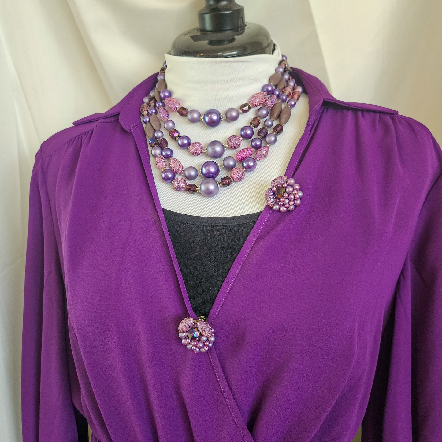 Vintage Japan Purple Multistrand Necklace & Clip Earrings Set