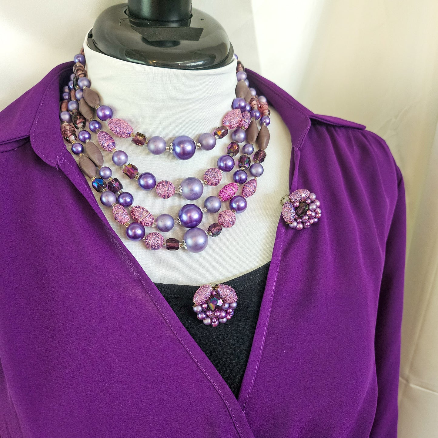 Vintage Japan Purple Multistrand Necklace & Clip Earrings Set