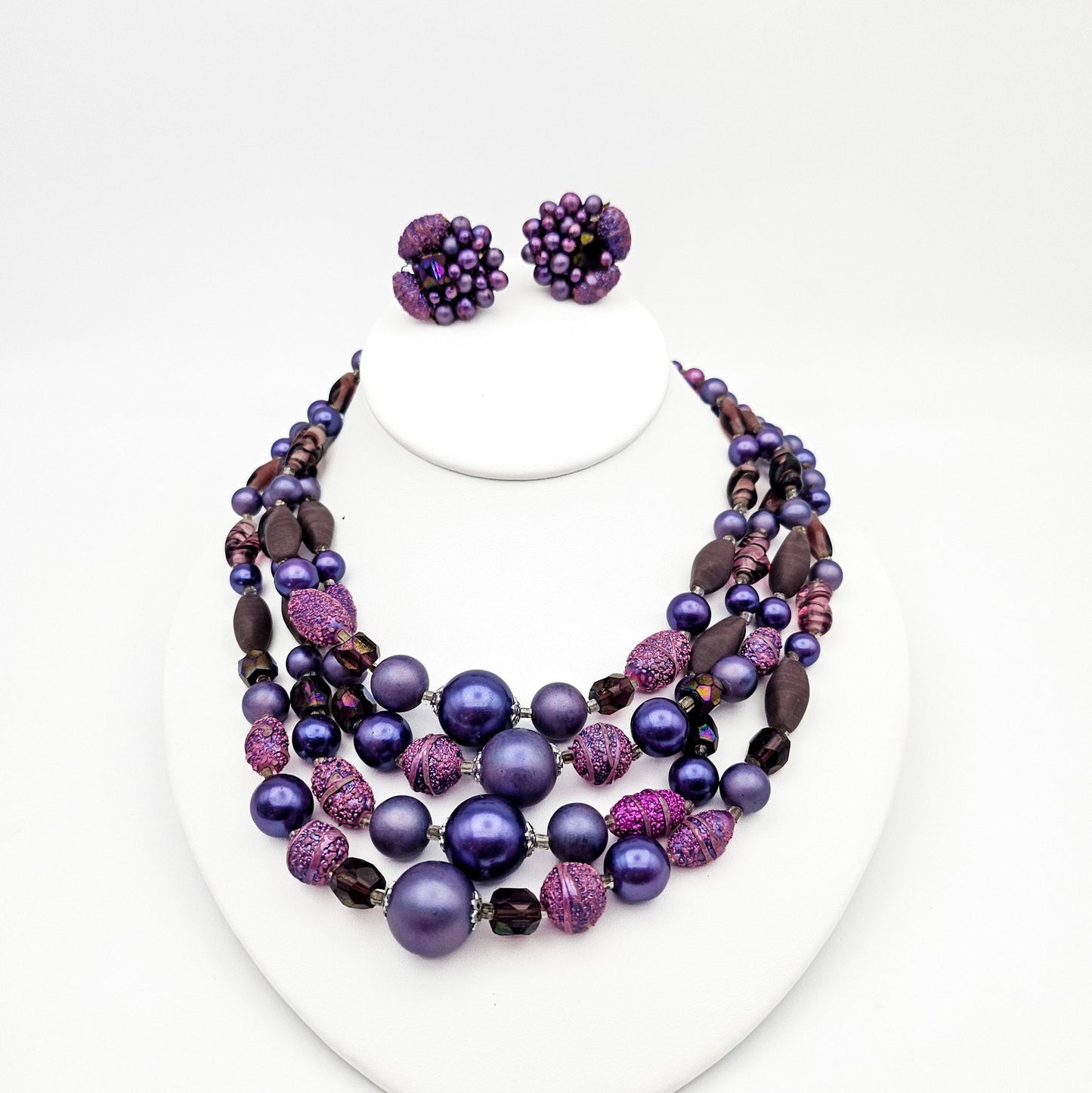Vintage Japan Purple Multistrand Necklace & Clip Earrings Set