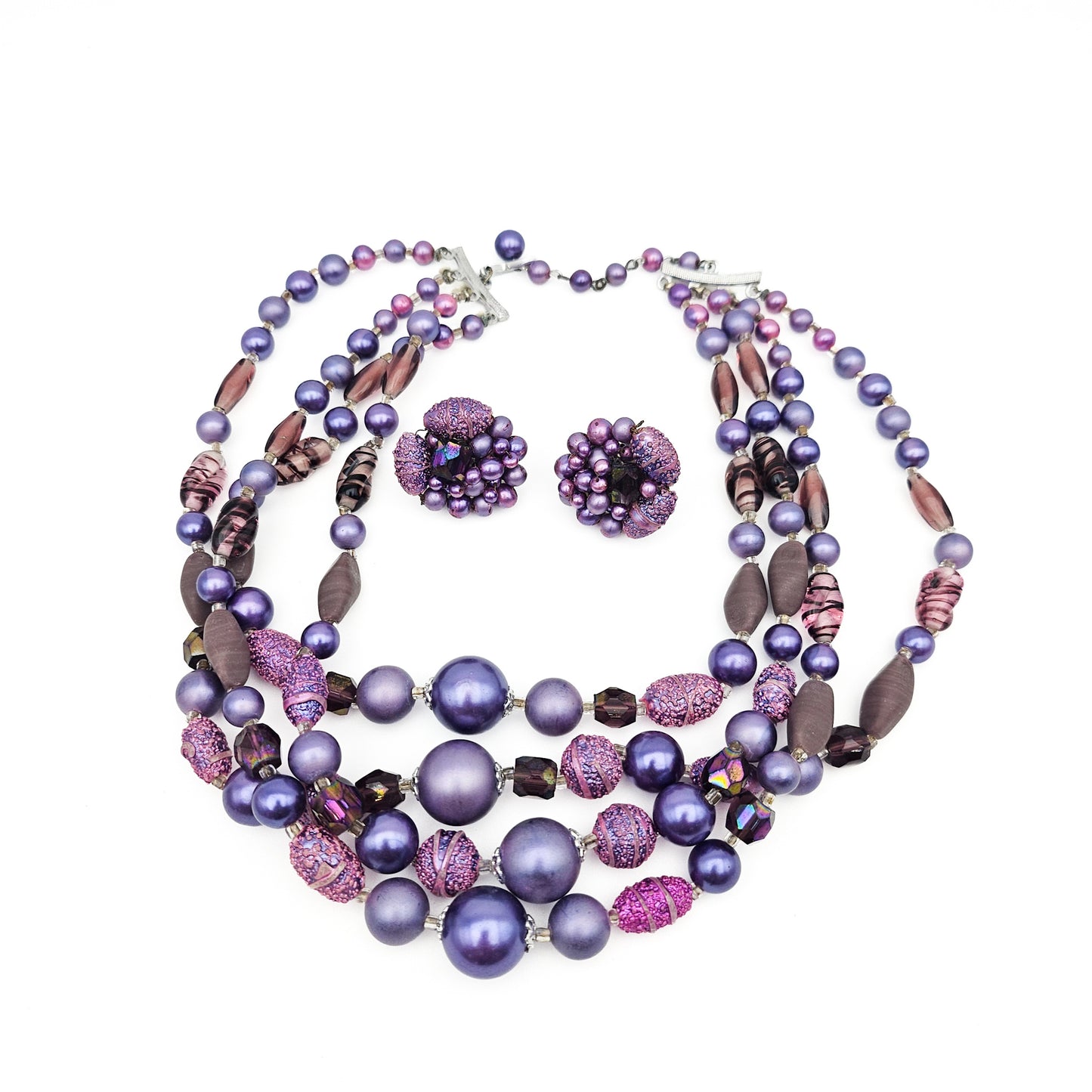 Vintage Japan Purple Multistrand Necklace & Clip Earrings Set