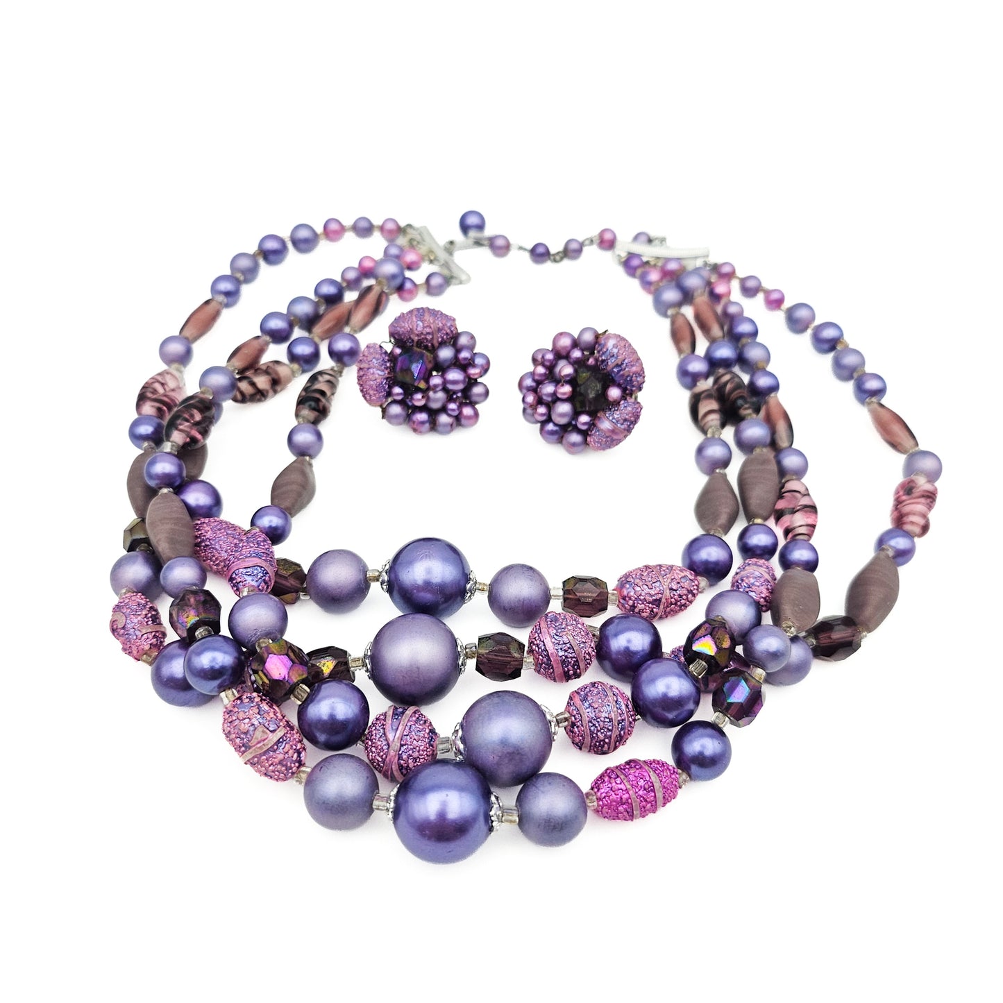 Vintage Japan Purple Multistrand Necklace & Clip Earrings Set