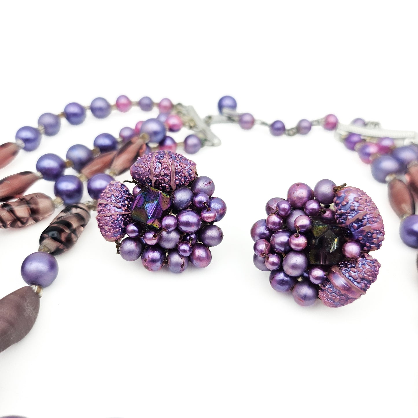 Vintage Japan Purple Multistrand Necklace & Clip Earrings Set