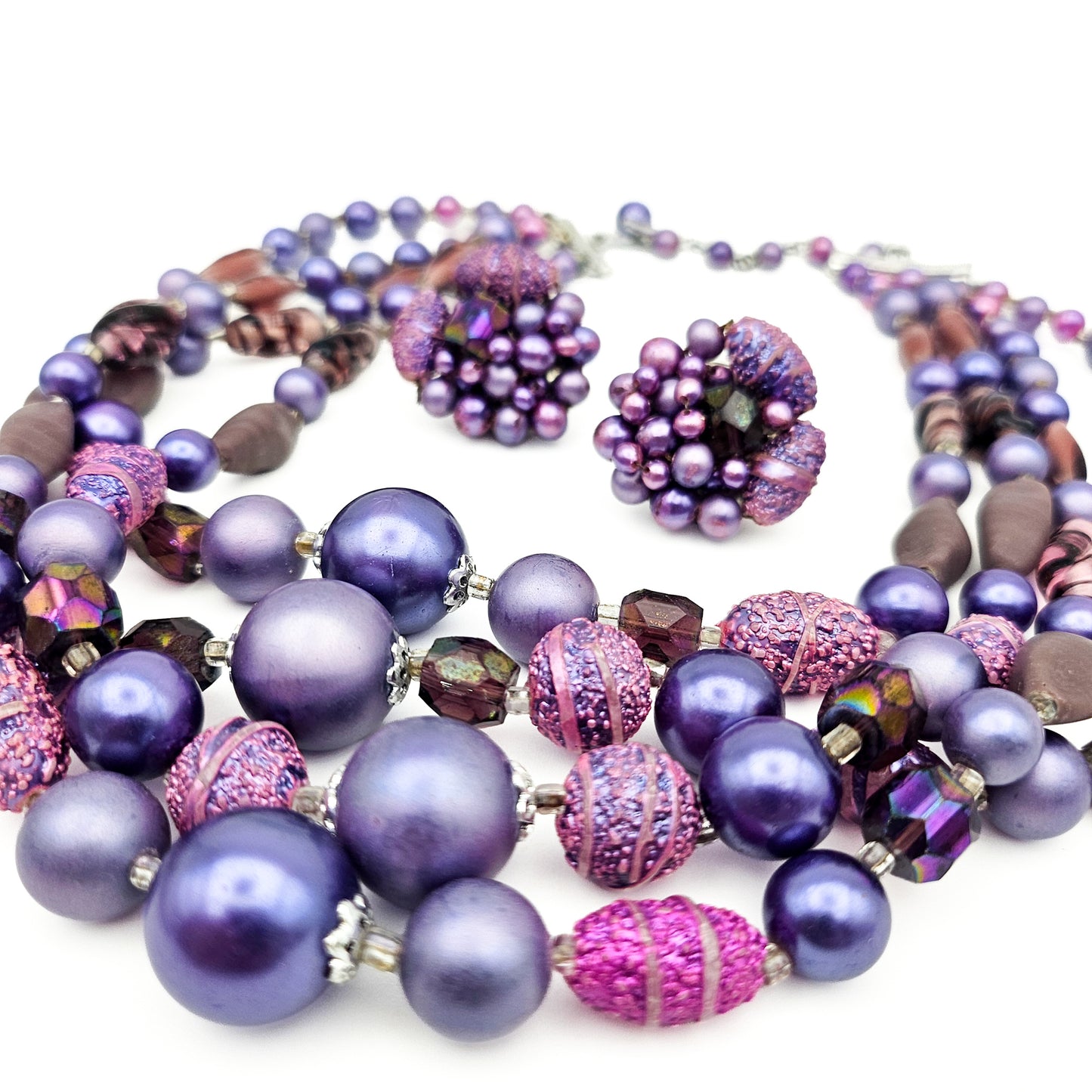 Vintage Japan Purple Multistrand Necklace & Clip Earrings Set
