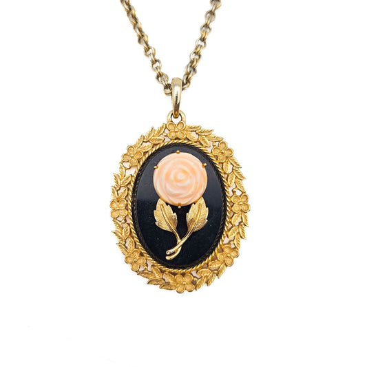 Vintage Avon 1973 Serena Rose Mirror Pendant Necklace | 1970s Victorian Revival
