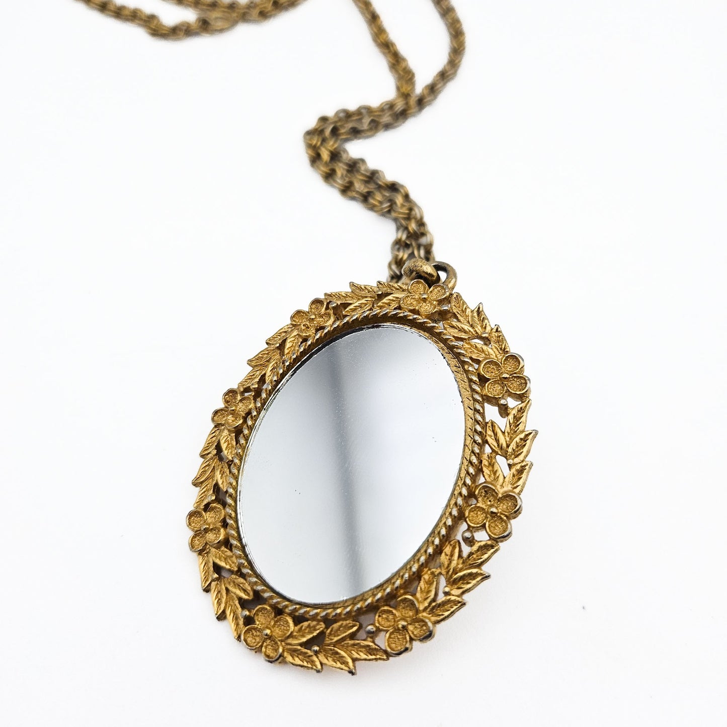 Vintage Avon 1973 Serena Rose Mirror Pendant Necklace | 1970s Victorian Revival