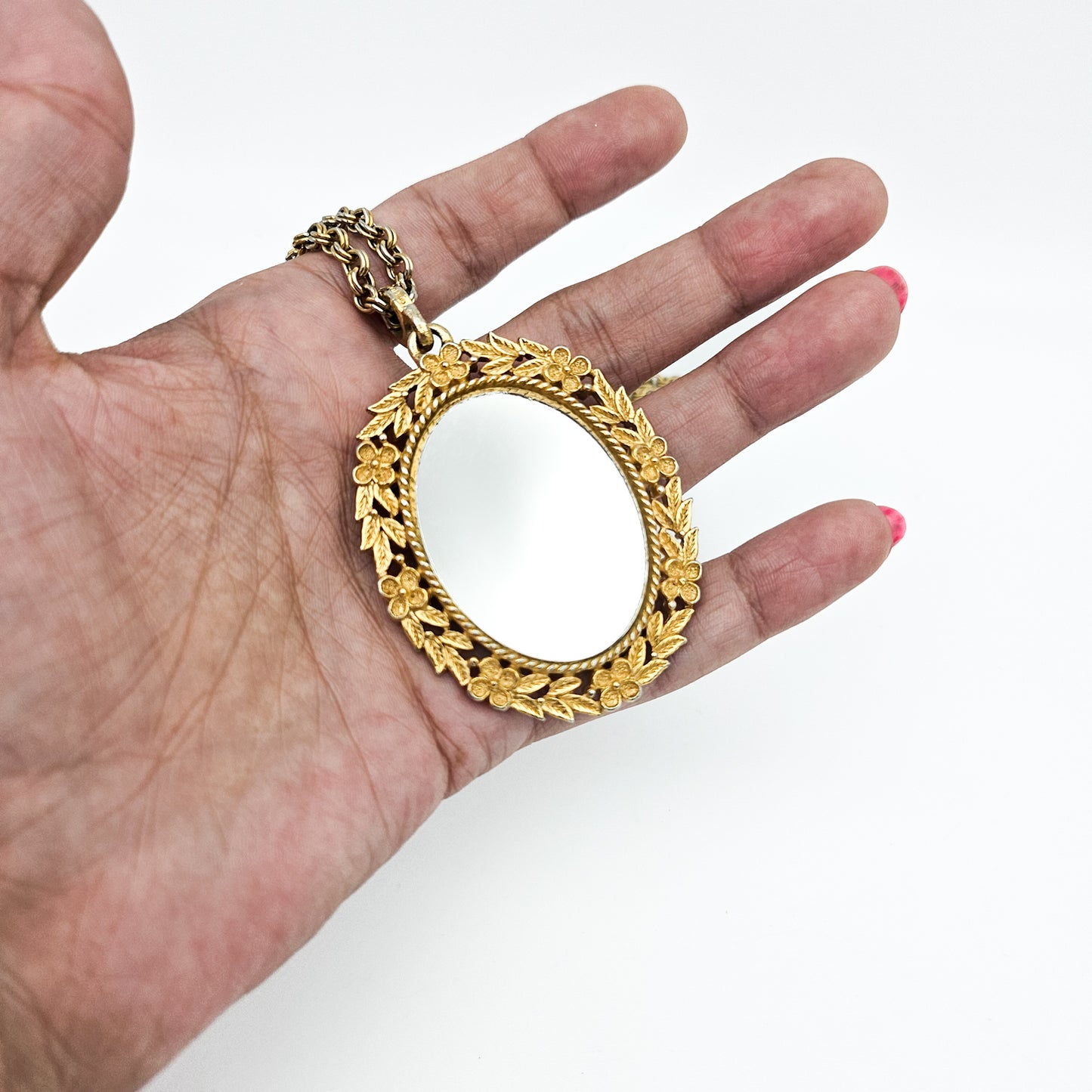 Vintage Avon 1973 Serena Rose Mirror Pendant Necklace | 1970s Victorian Revival