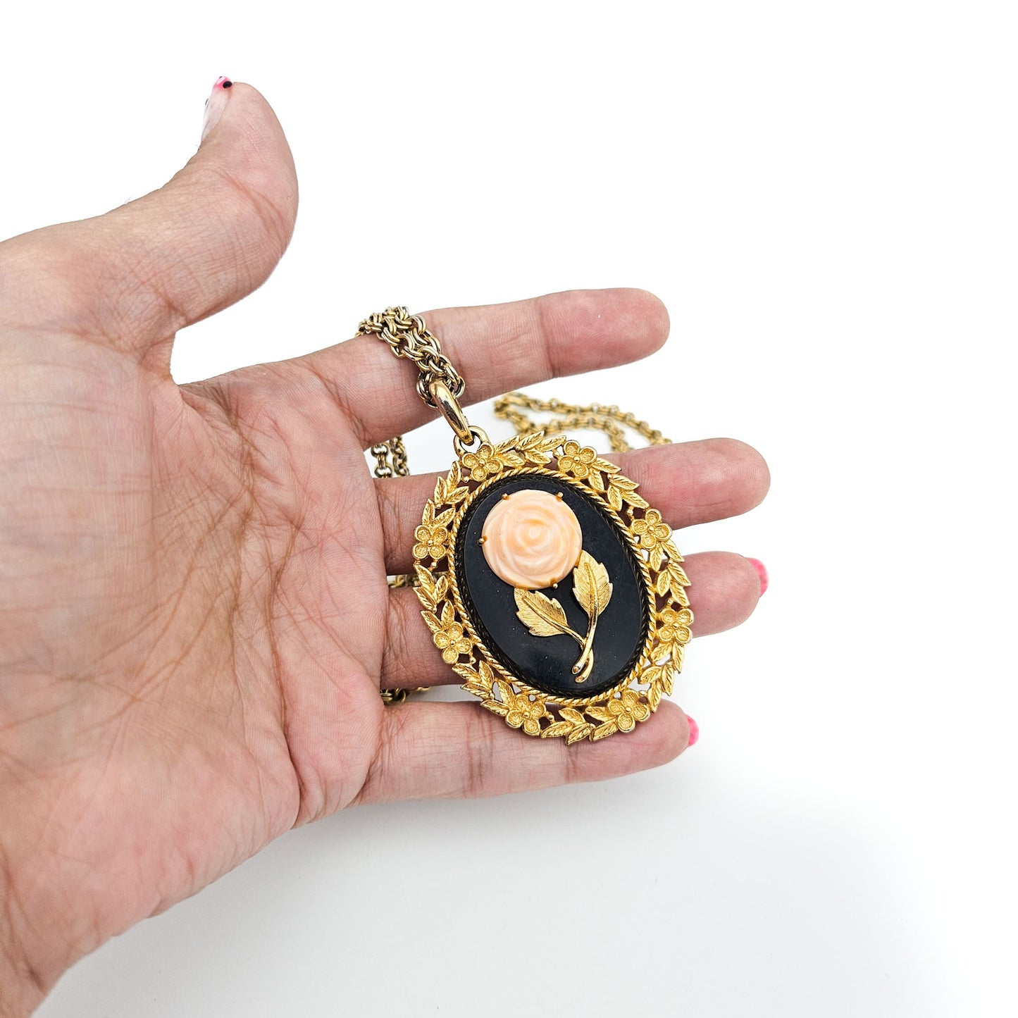 Vintage Avon 1973 Serena Rose Mirror Pendant Necklace | 1970s Victorian Revival