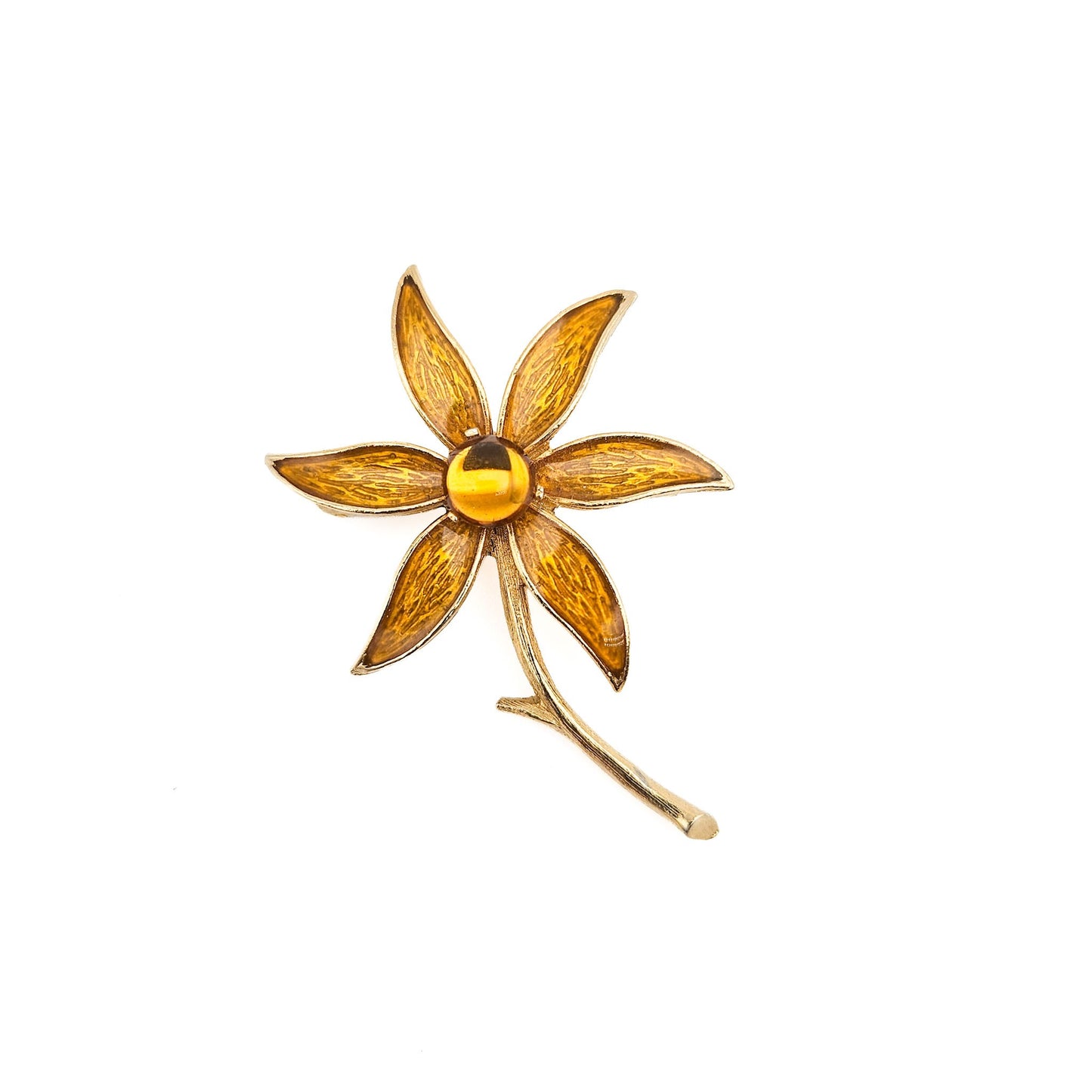 Signed Florenza Amber Enamel Flower Brooch | Guilloché-Style Vintage Pin