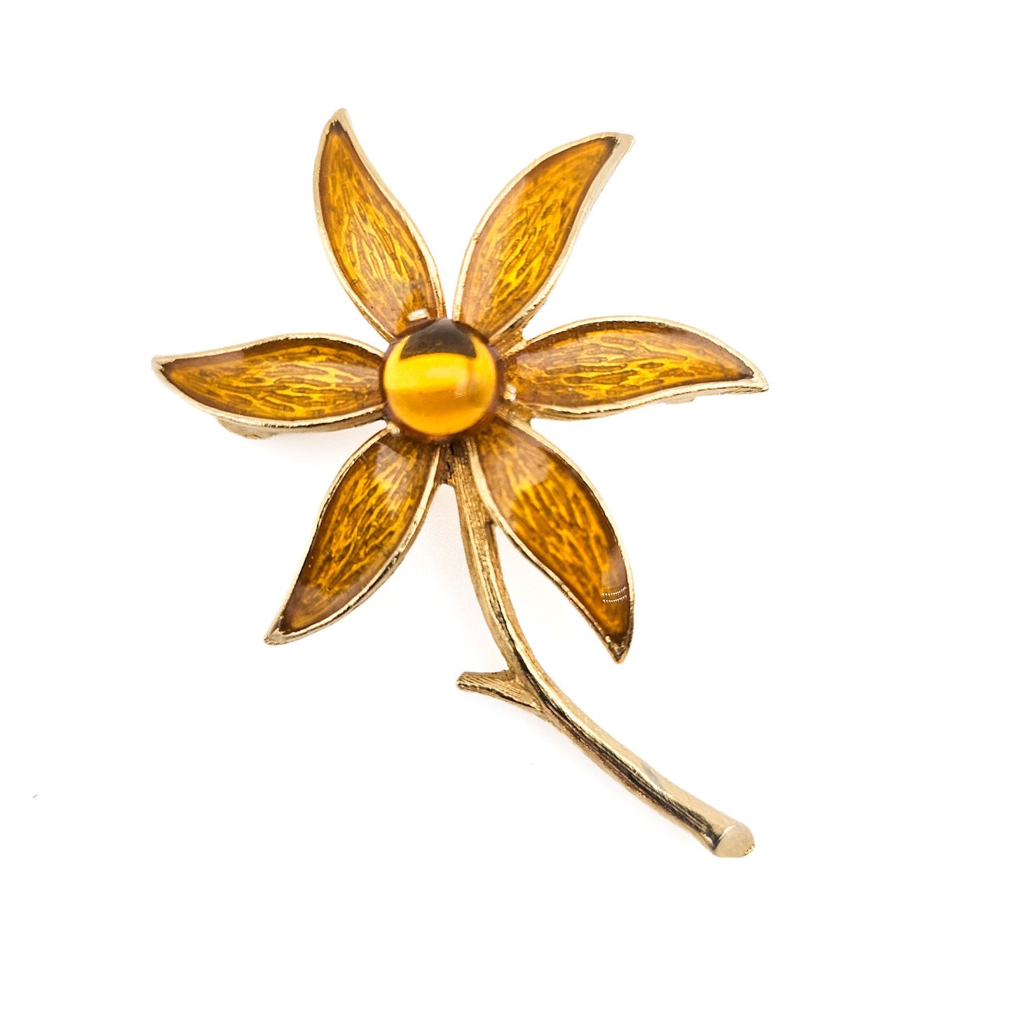 Signed Florenza Amber Enamel Flower Brooch | Guilloché-Style Vintage Pin