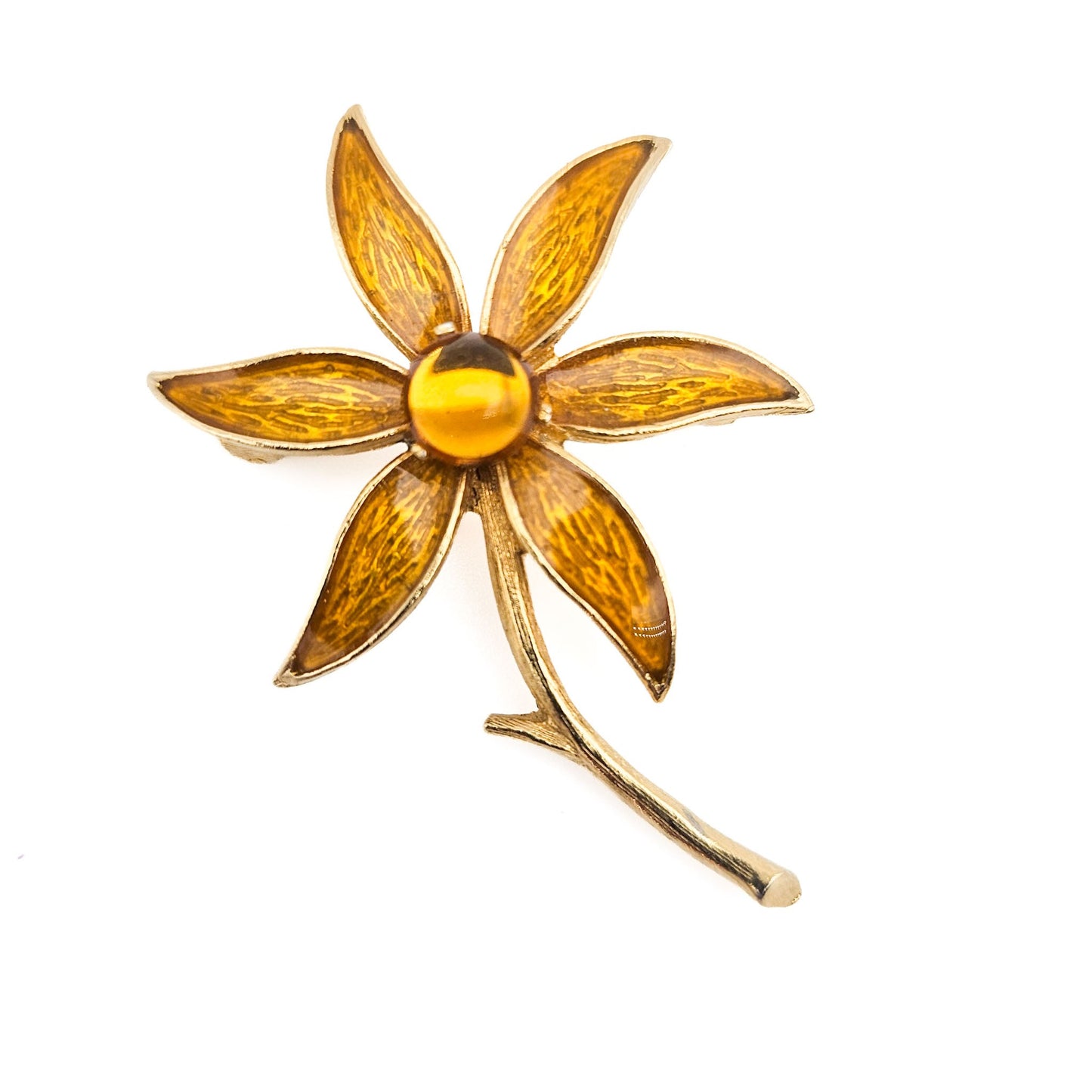 Signed Florenza Amber Enamel Flower Brooch | Guilloché-Style Vintage Pin