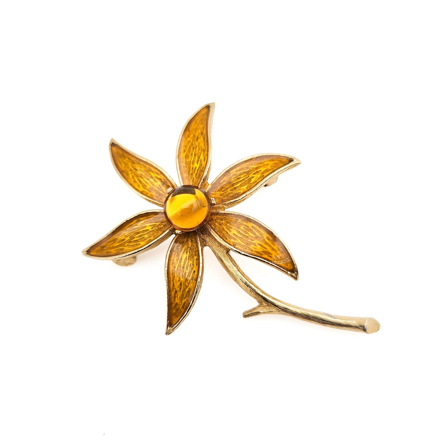 Signed Florenza Amber Enamel Flower Brooch | Guilloché-Style Vintage Pin