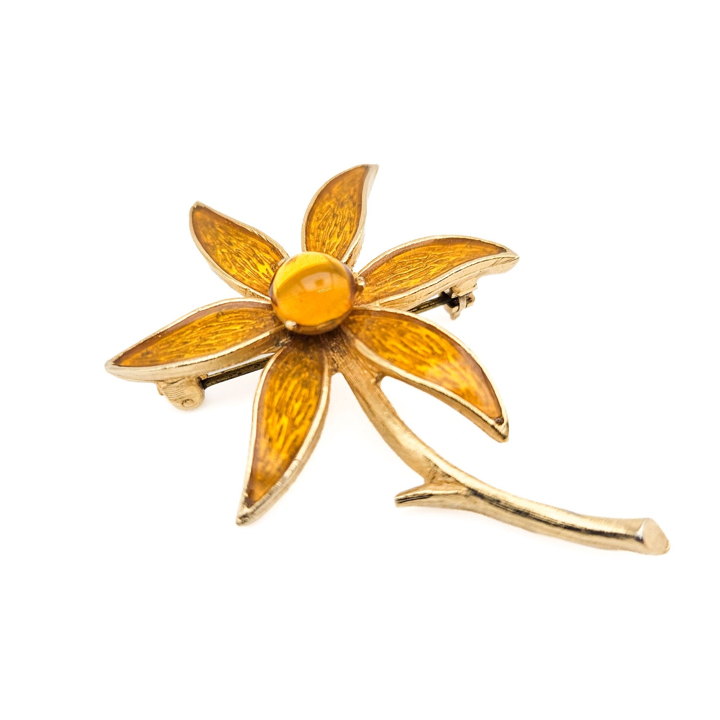 Signed Florenza Amber Enamel Flower Brooch | Guilloché-Style Vintage Pin
