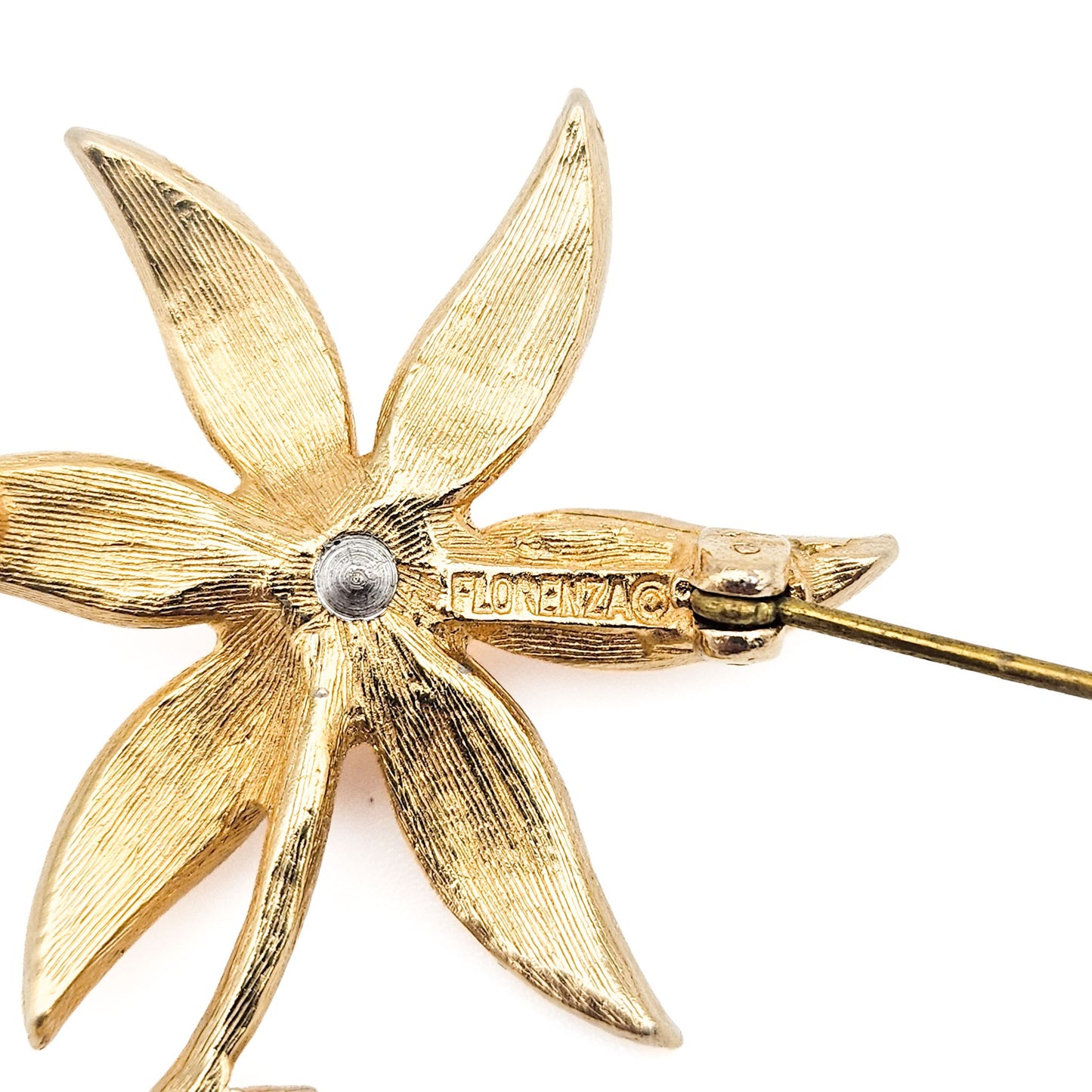 Signed Florenza Amber Enamel Flower Brooch | Guilloché-Style Vintage Pin