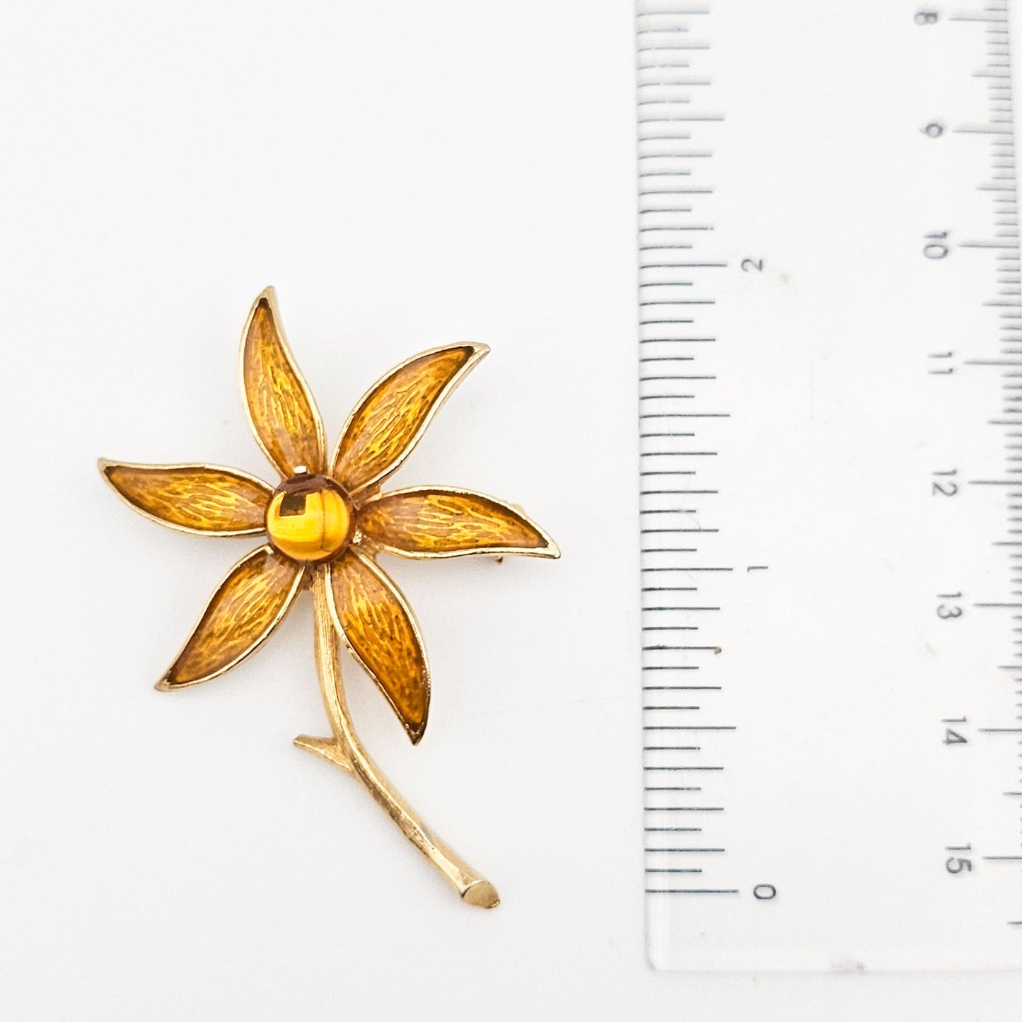 Signed Florenza Amber Enamel Flower Brooch | Guilloché-Style Vintage Pin