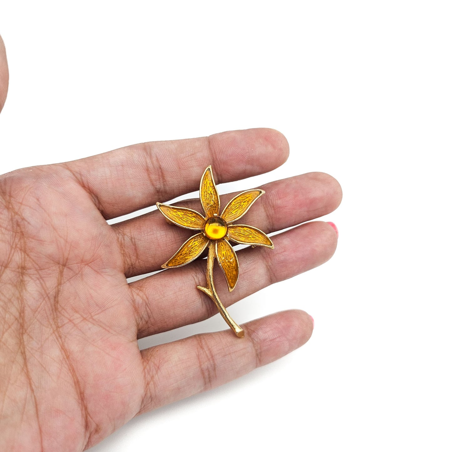 Signed Florenza Amber Enamel Flower Brooch | Guilloché-Style Vintage Pin
