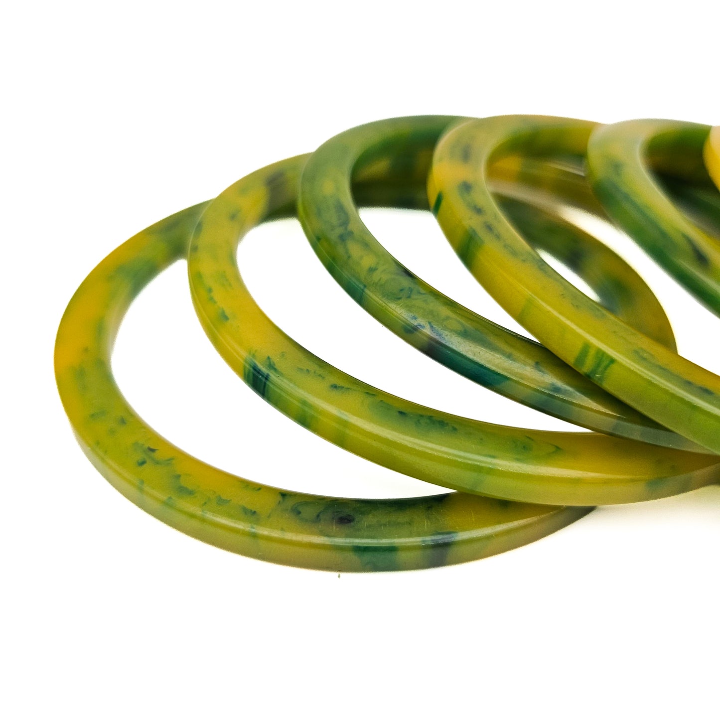 Set of 7 Marbled Spinach Green Tested Bakelite Spacer Bangles