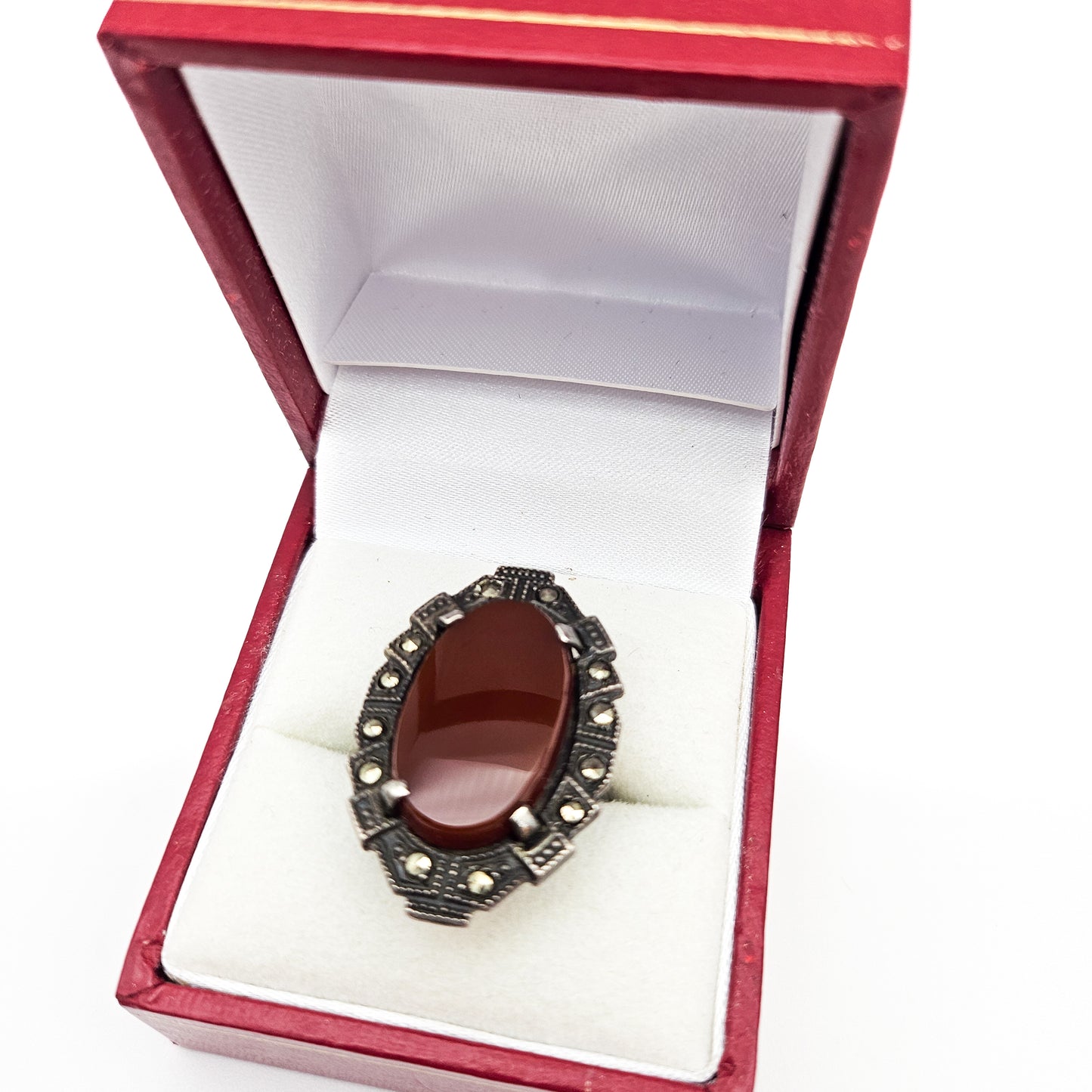 Art Deco Sterling Silver Carnelian & Marcasite Ring | Size 5 Vintage Statement Jewelry