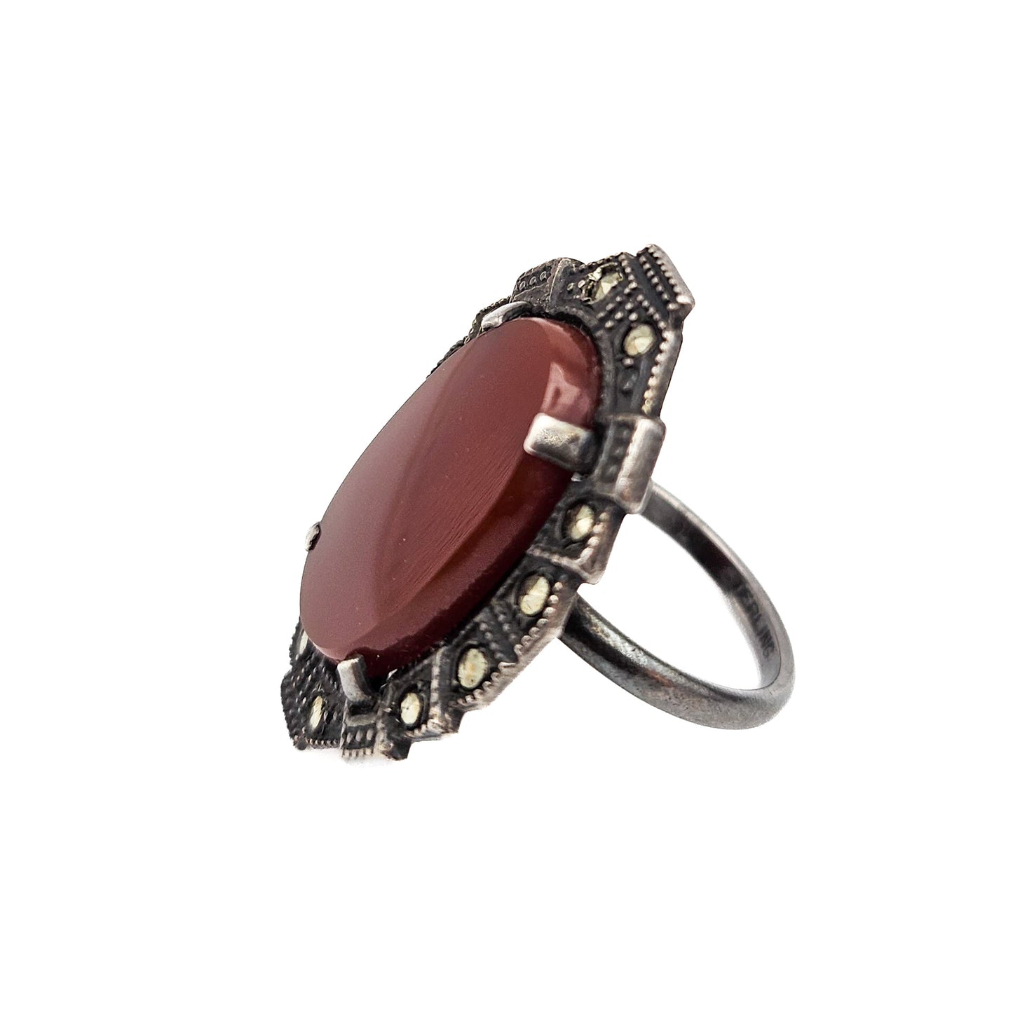 Art Deco Sterling Silver Carnelian & Marcasite Ring | Size 5 Vintage Statement Jewelry