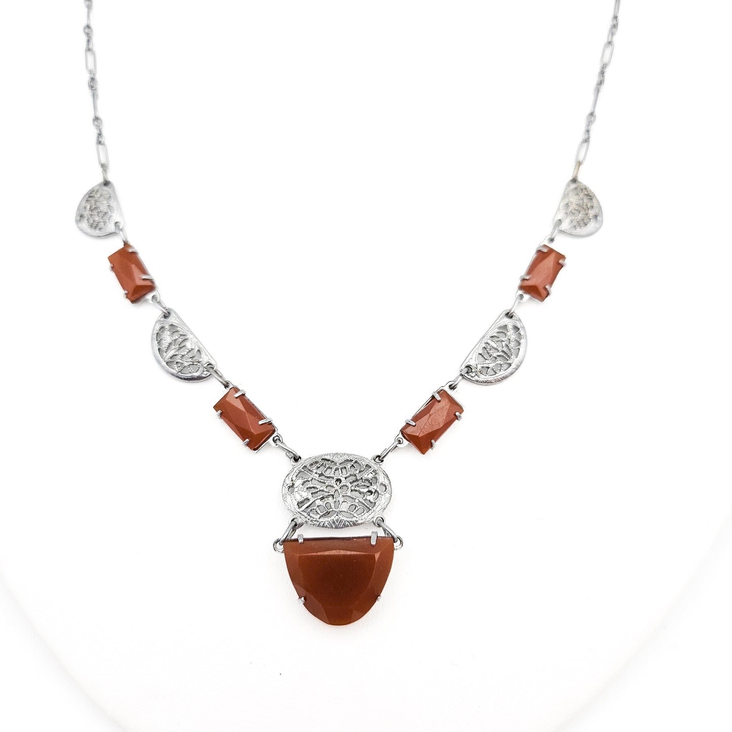 Art Deco Carnelian Glass Filigree Necklace | Vintage Paperclip Chain Pendant