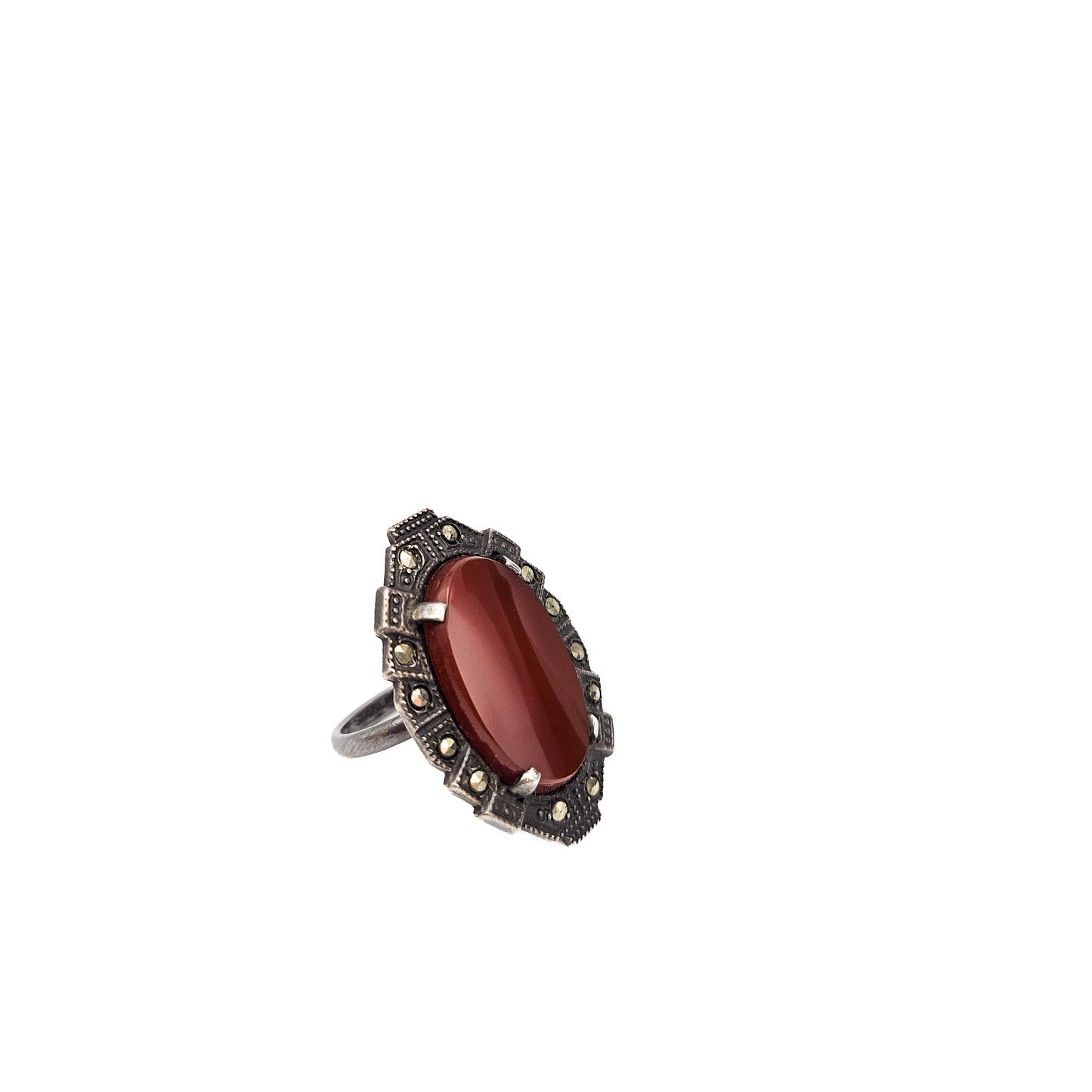Art Deco Sterling Silver Carnelian & Marcasite Ring | Size 5 Vintage Statement Jewelry