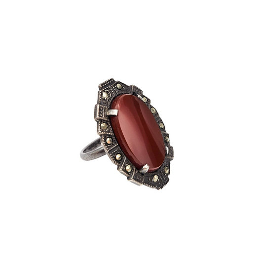 Art Deco Sterling Silver Carnelian & Marcasite Ring | Size 5 Vintage Statement Jewelry