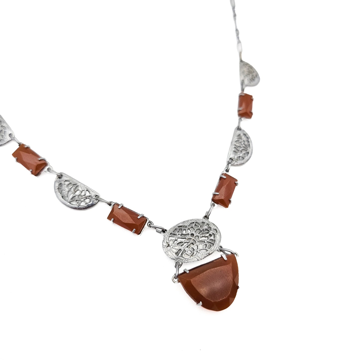 Art Deco Carnelian Glass Filigree Necklace | Vintage Paperclip Chain Pendant
