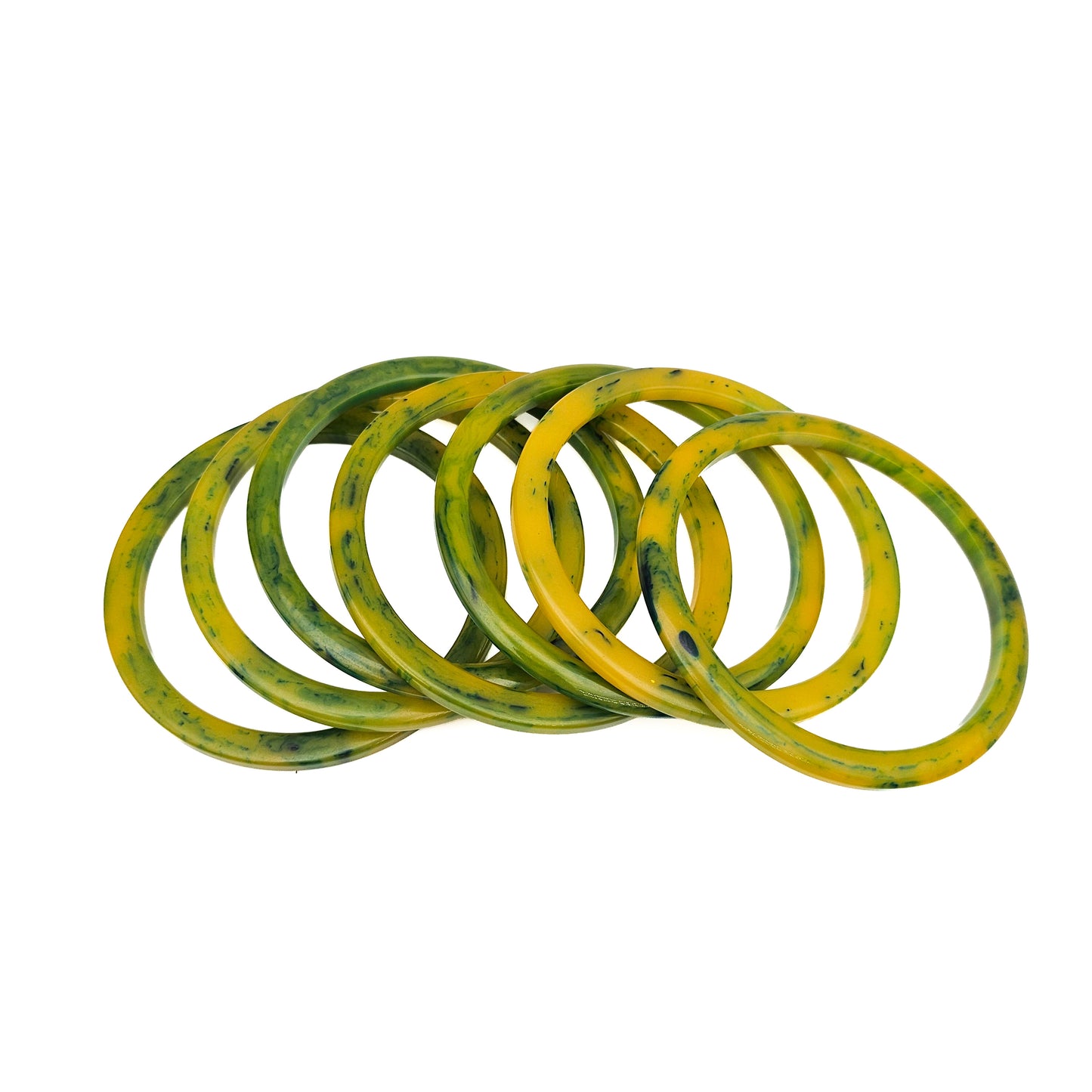 Set of 7 Marbled Spinach Green Tested Bakelite Spacer Bangles