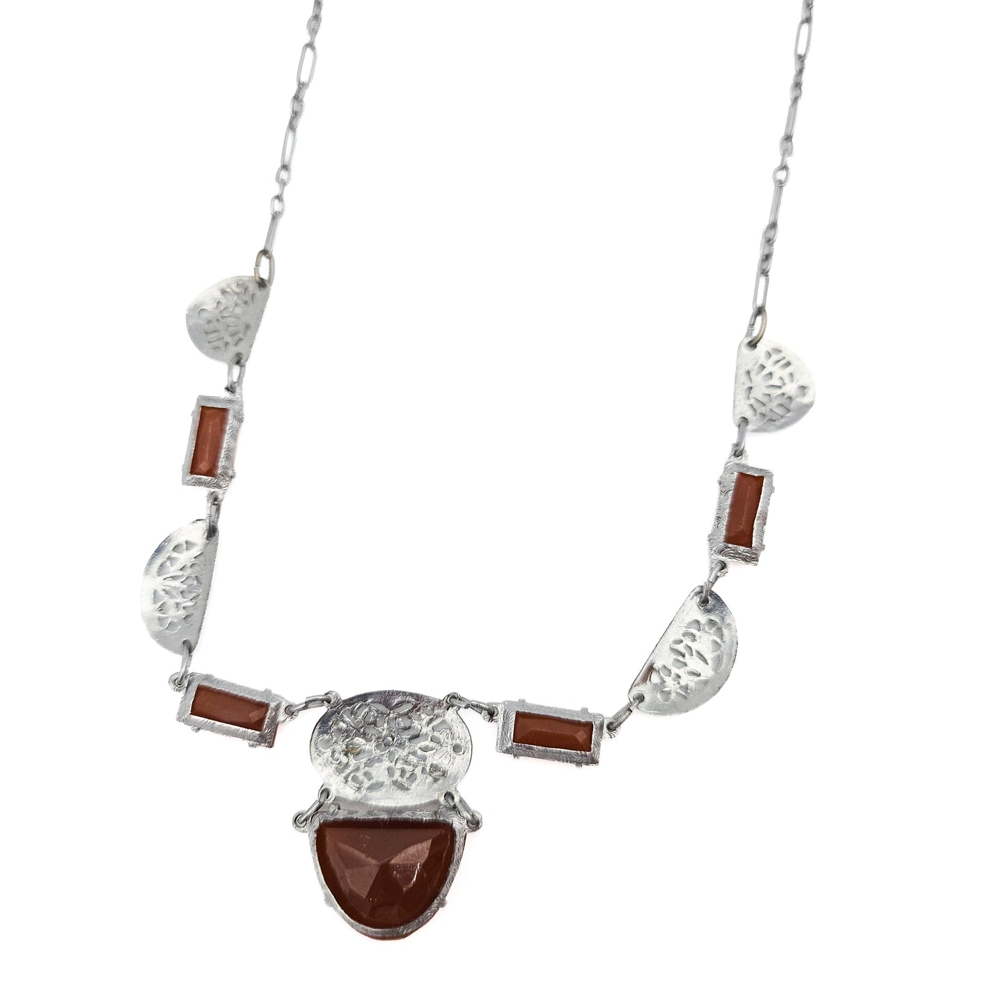 Art Deco Carnelian Glass Filigree Necklace | Vintage Paperclip Chain Pendant