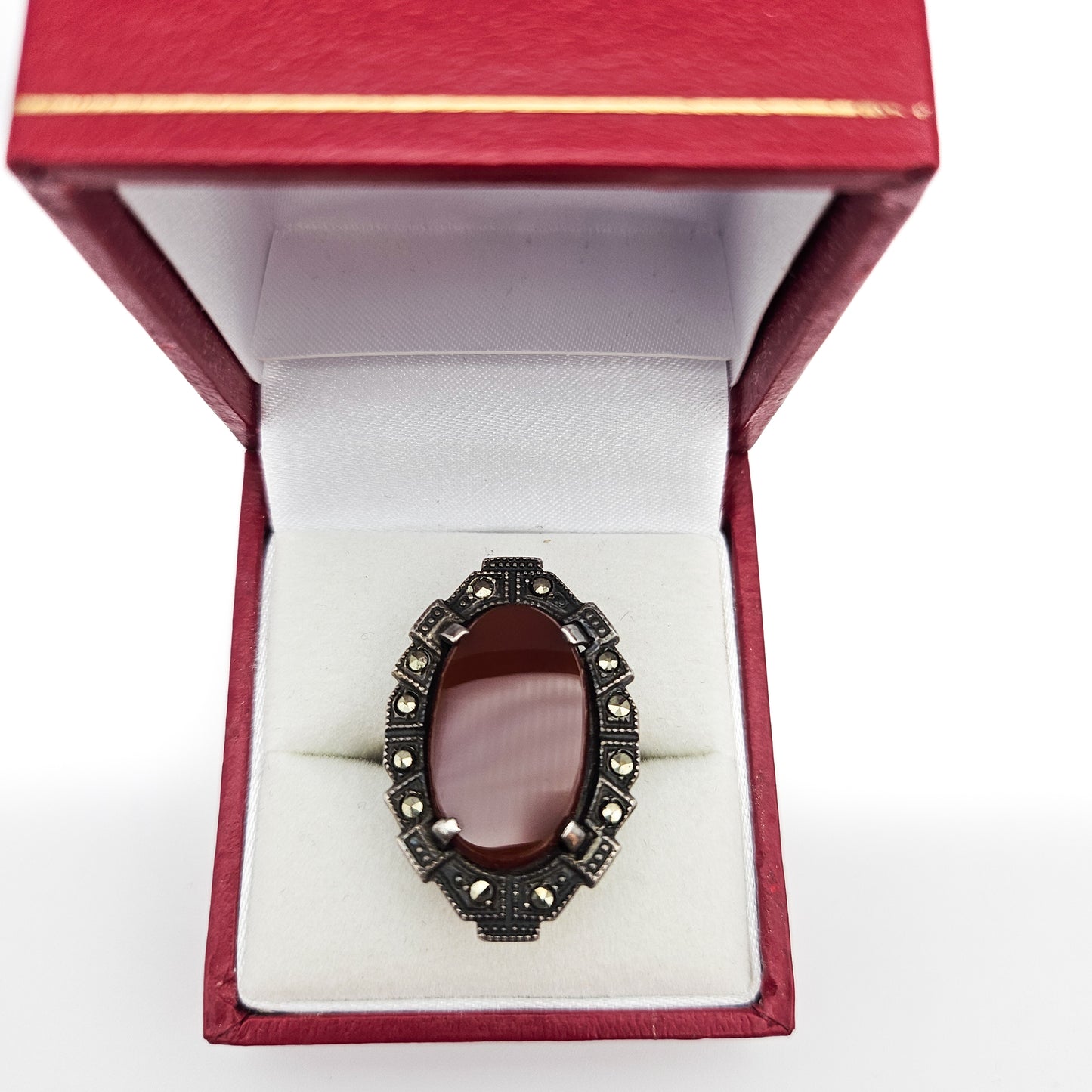 Art Deco Sterling Silver Carnelian & Marcasite Ring | Size 5 Vintage Statement Jewelry