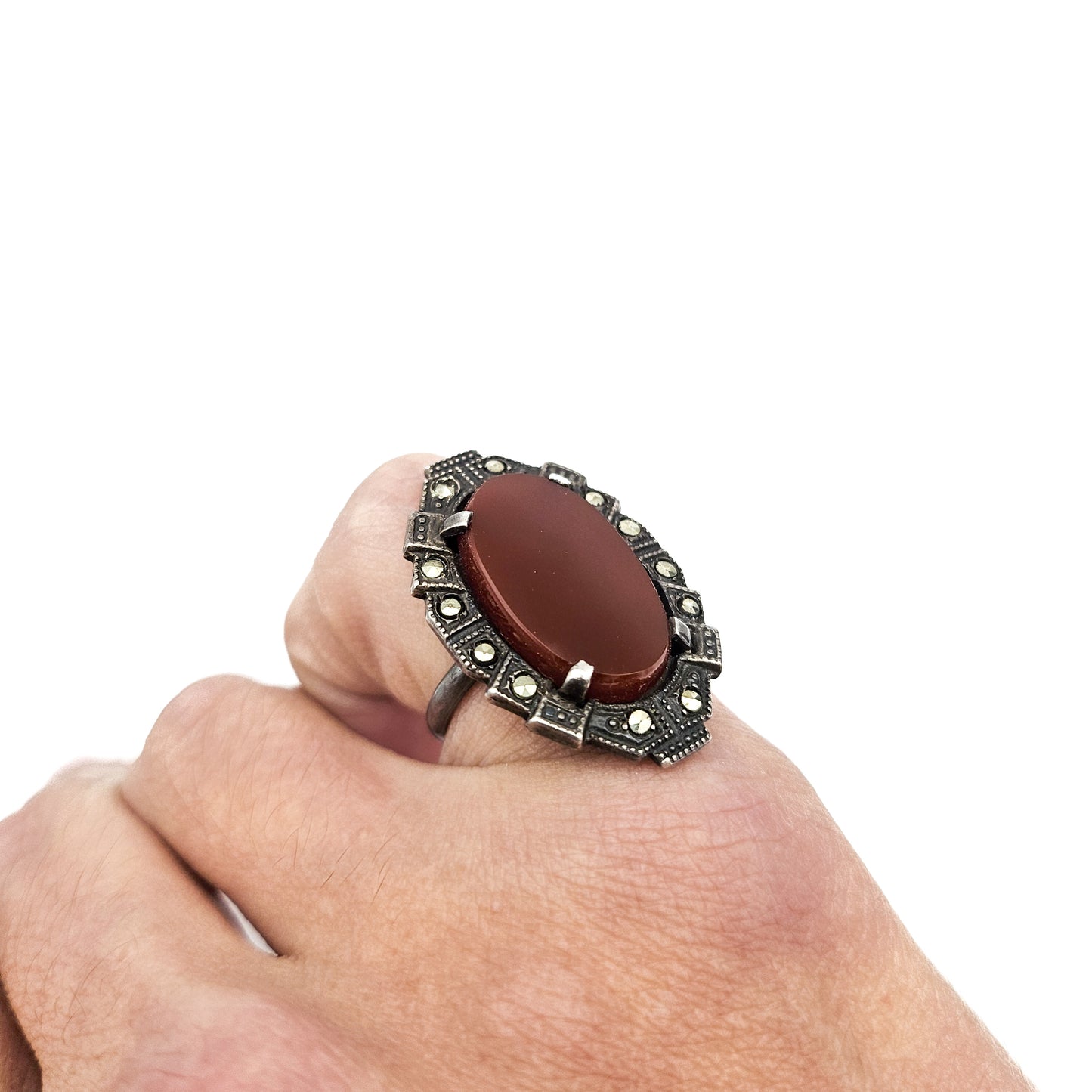 Art Deco Sterling Silver Carnelian & Marcasite Ring | Size 5 Vintage Statement Jewelry