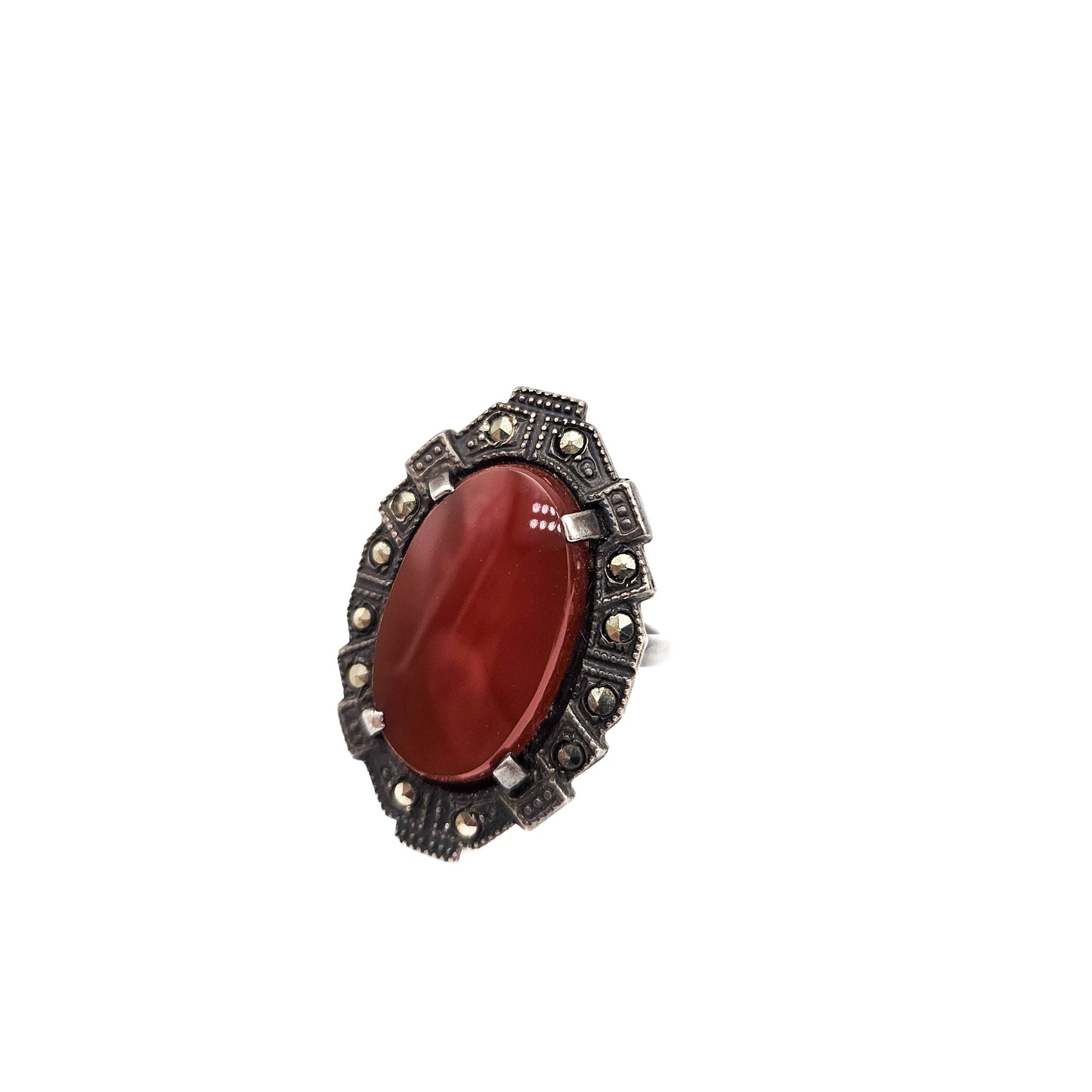 Art Deco Sterling Silver Carnelian & Marcasite Ring | Size 5 Vintage Statement Jewelry