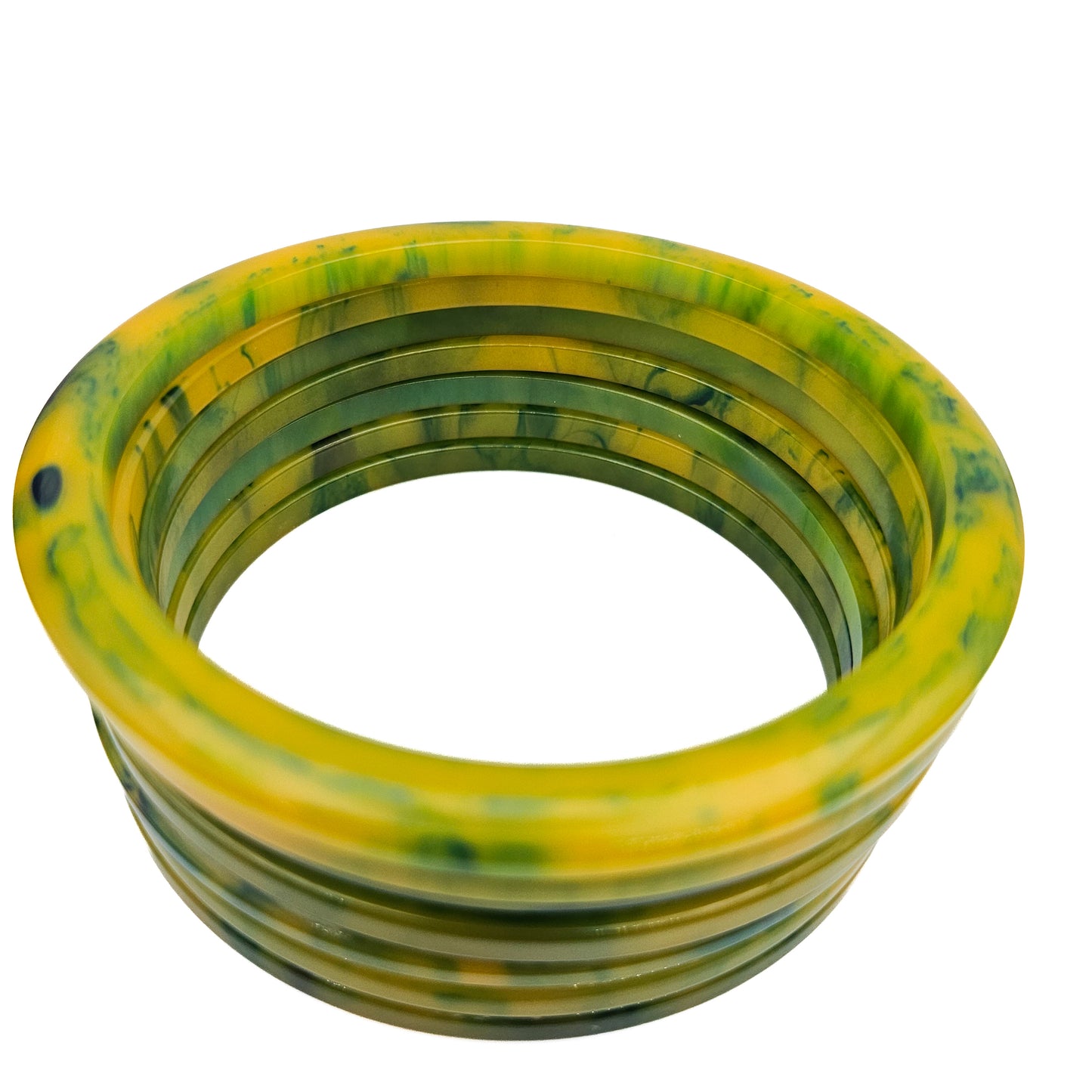Set of 7 Marbled Spinach Green Tested Bakelite Spacer Bangles