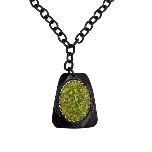 Black Vintage Plastic Chain & Peridot Cameo Pendant Necklace