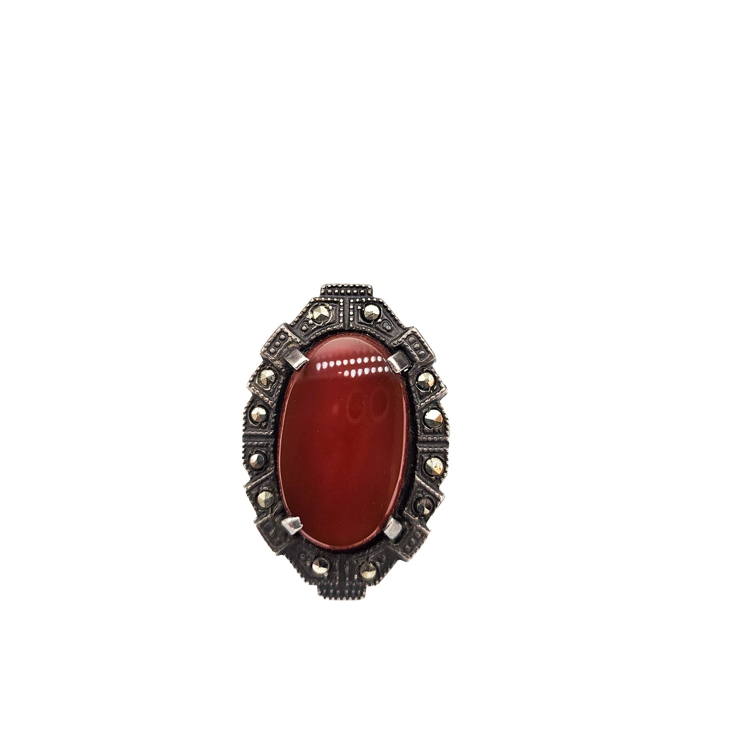 Art Deco Sterling Silver Carnelian & Marcasite Ring | Size 5 Vintage Statement Jewelry