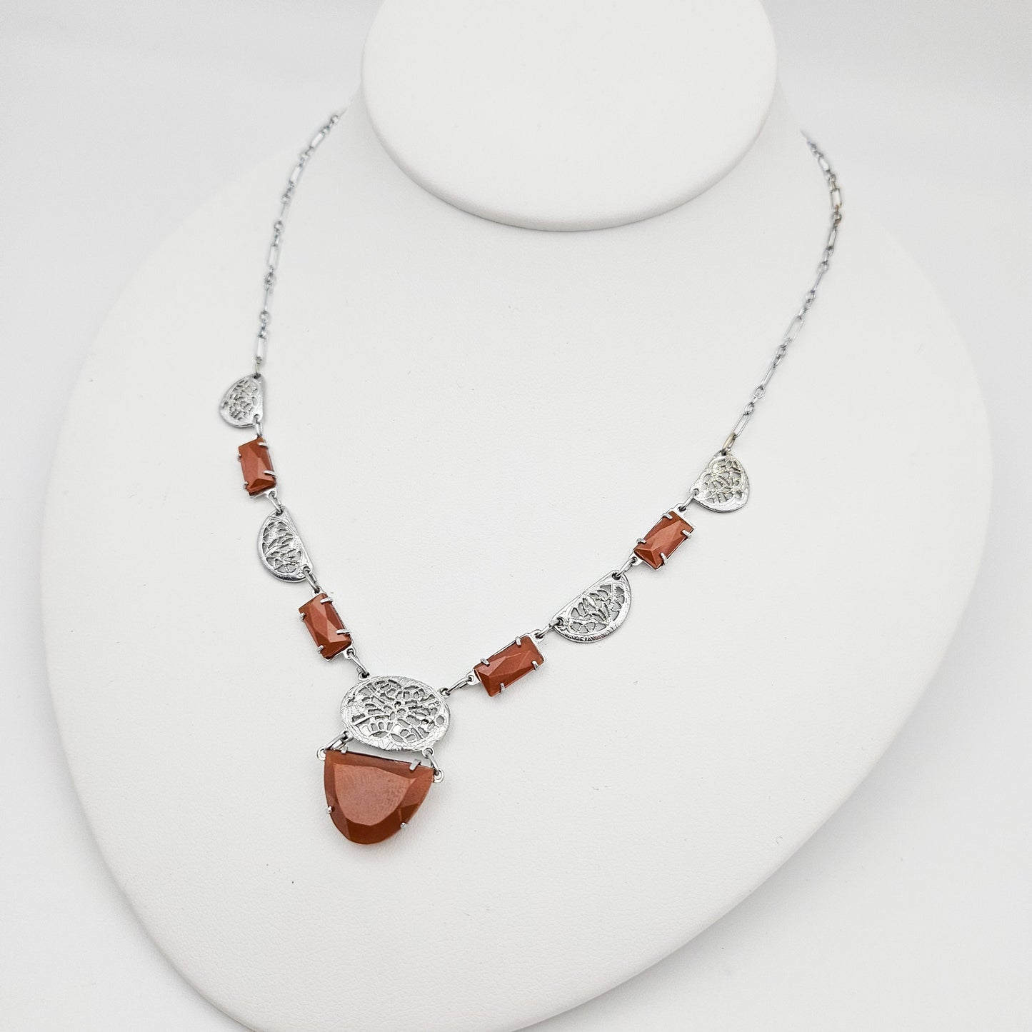 Art Deco Carnelian Glass Filigree Necklace | Vintage Paperclip Chain Pendant
